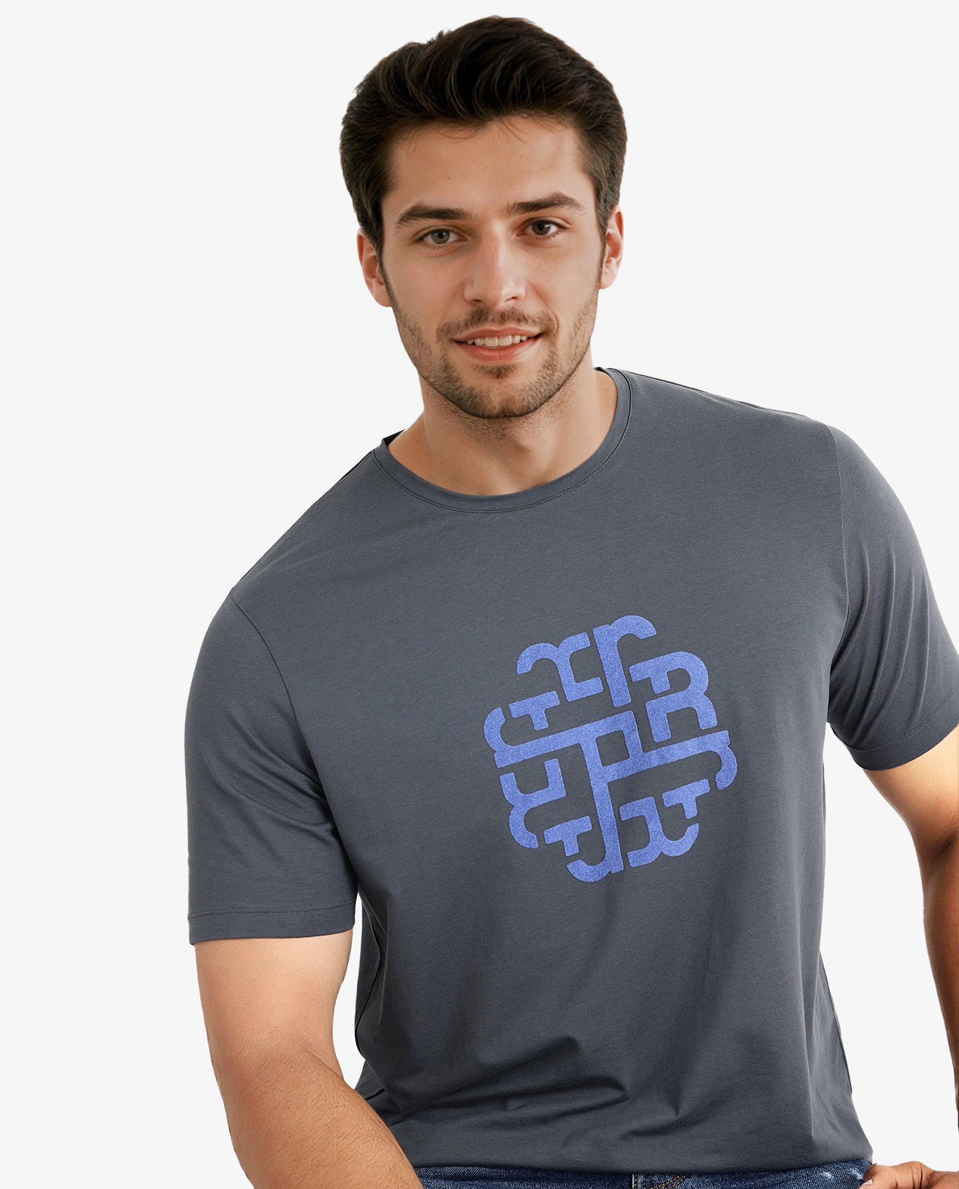 Rare Rabbit Men Toxy Dusky Blue Cotton Lycra Fabric Short Sleeve Crew Neck Regular Fit Graphic Flock Print T-Shirt