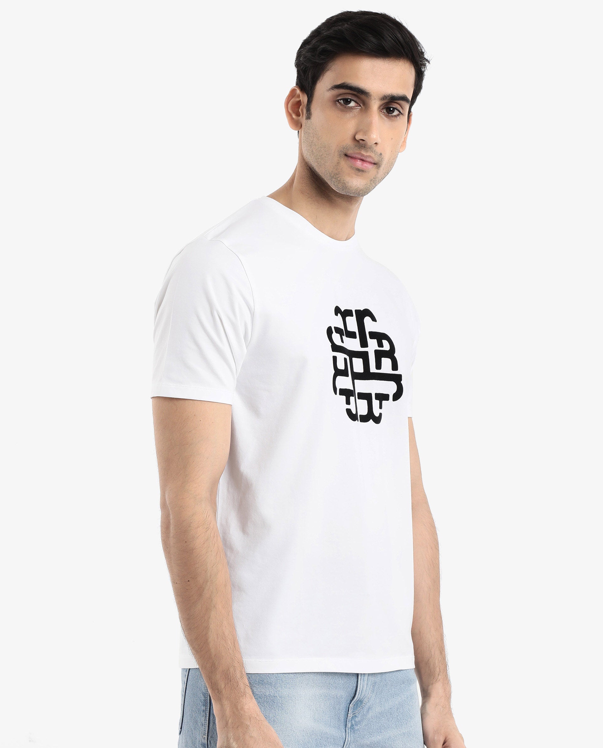 Rare Rabbit Men Toxy White Cotton Lycra Fabric Short Sleeve Crew Neck Regular Fit Graphic Flock Print T-Shirt