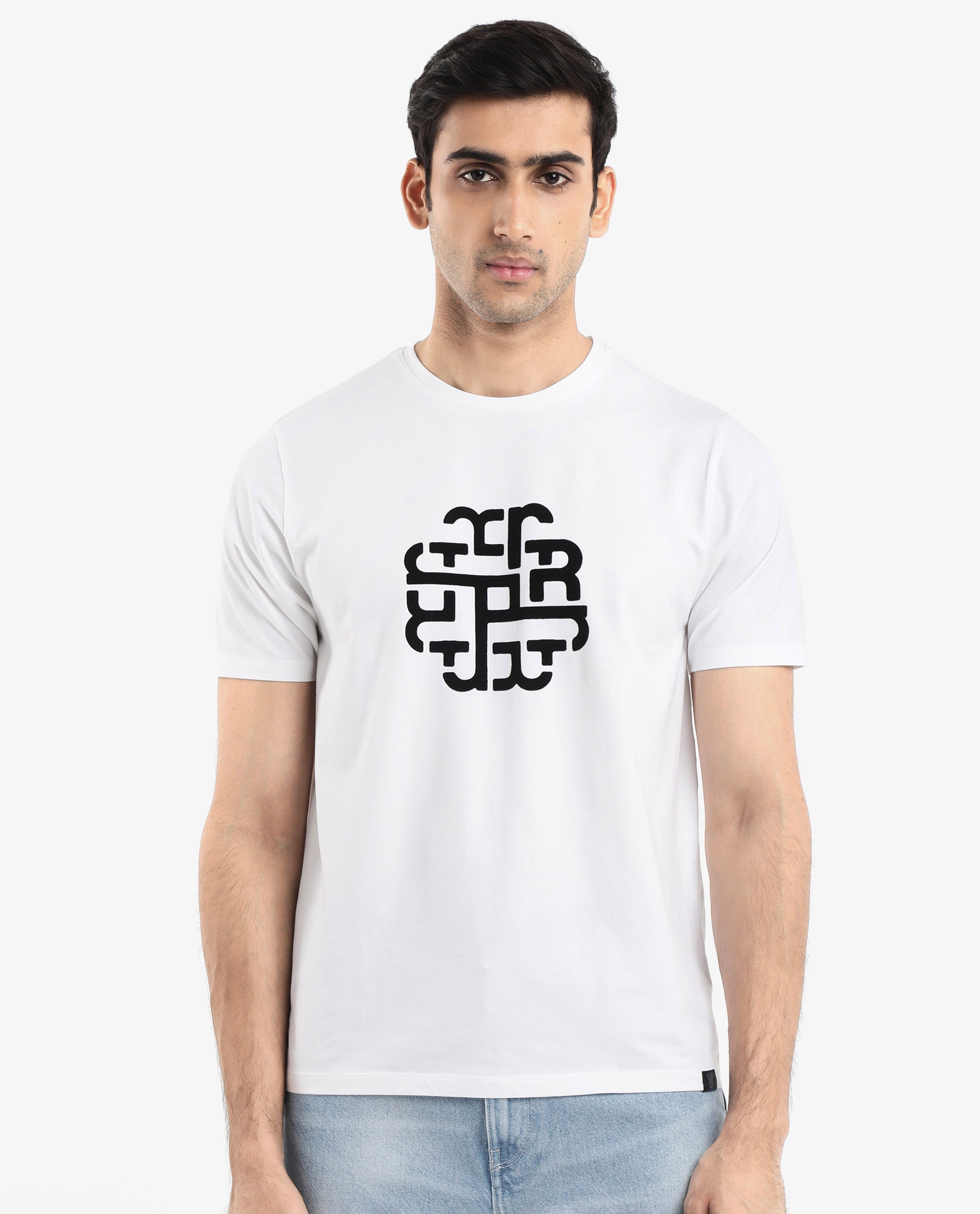 Rare Rabbit Men Toxy White Cotton Lycra Fabric Short Sleeve Crew Neck Regular Fit Graphic Flock Print T-Shirt