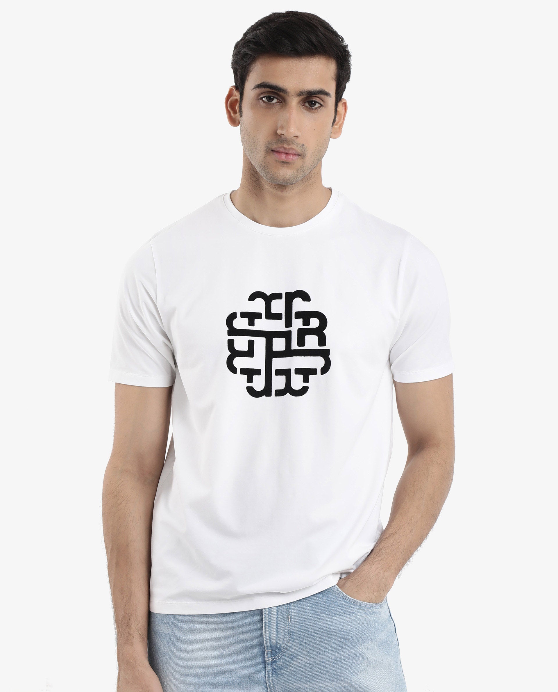 Rare Rabbit Men Toxy White Cotton Lycra Fabric Short Sleeve Crew Neck Regular Fit Graphic Flock Print T-Shirt