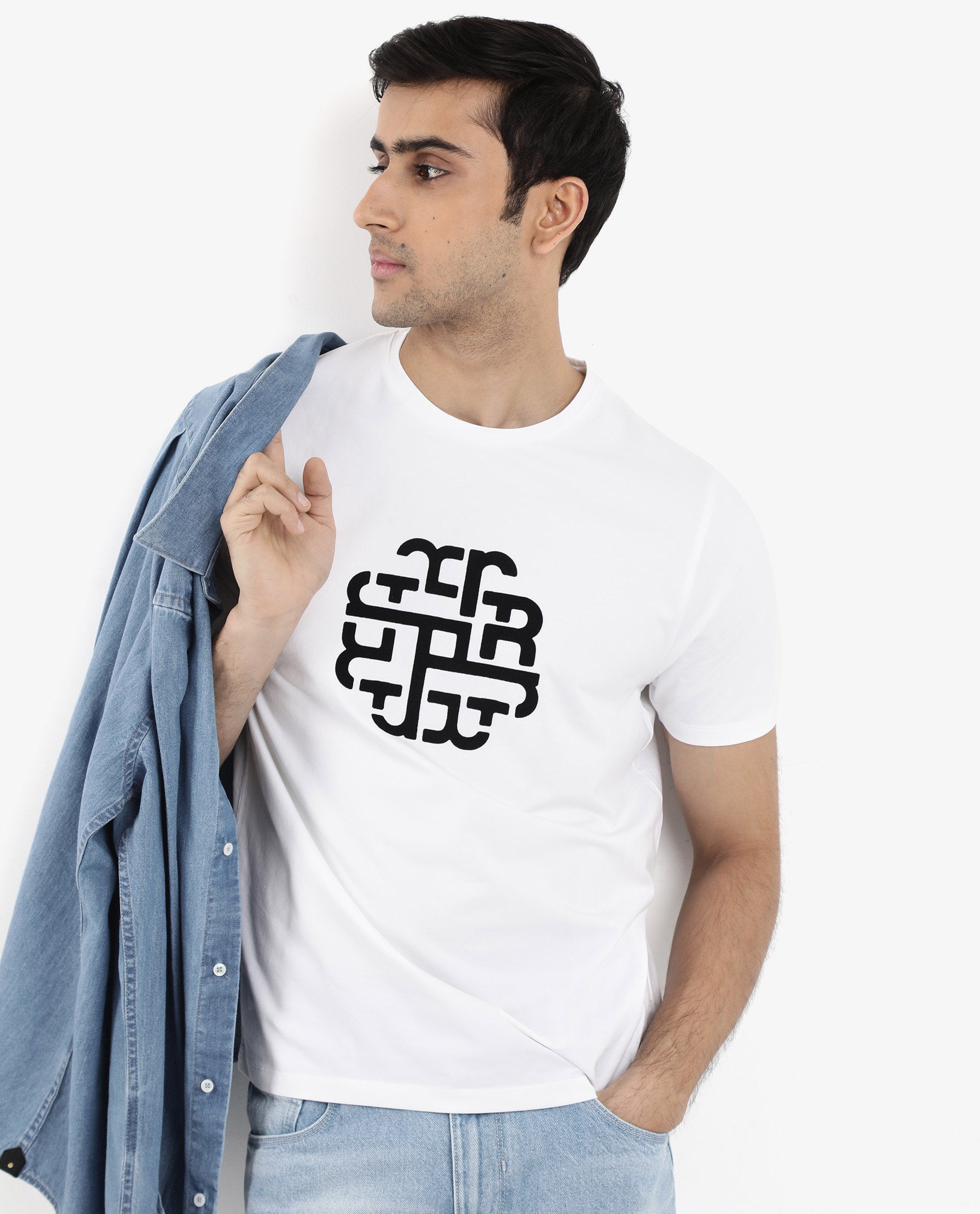 Rare Rabbit Men Toxy White Cotton Lycra Fabric Short Sleeve Crew Neck Regular Fit Graphic Flock Print T-Shirt