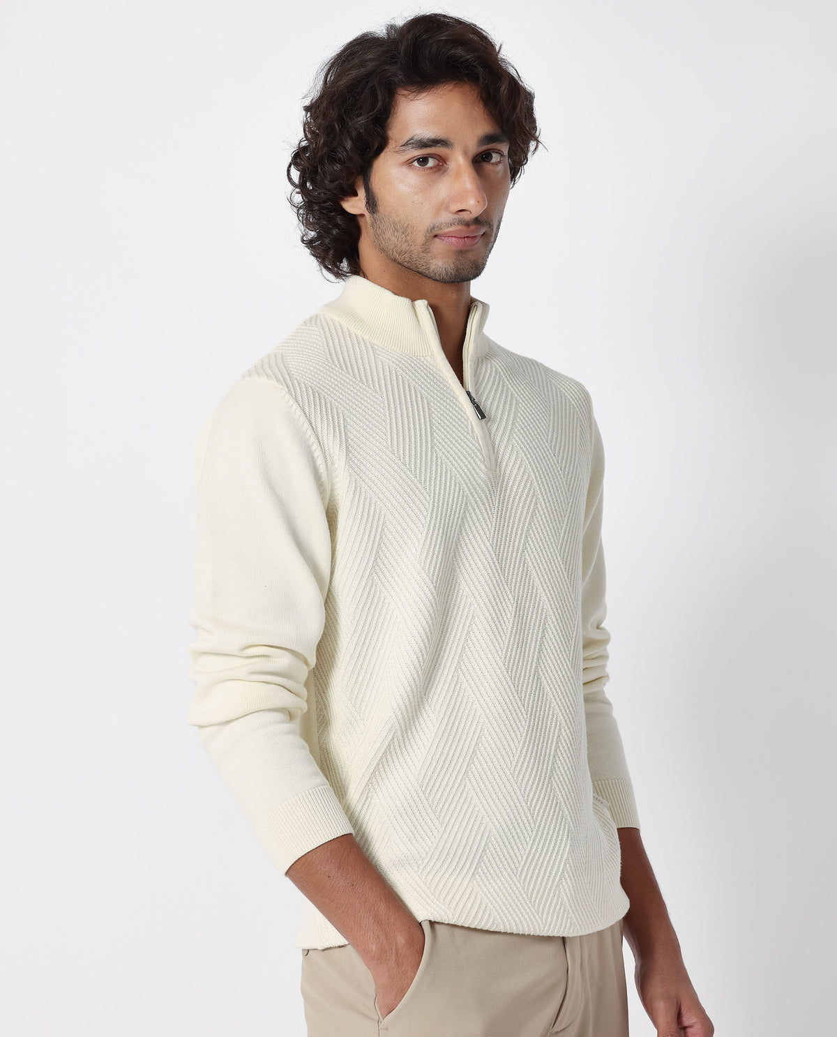 Rare Rabbit Mens Toyd Off White Sweater Cotton Fabric High Neck Knitted Full Sleeves Zipper Closure Regular Fit