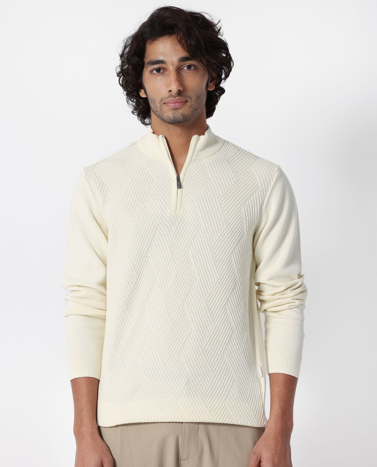 Rare Rabbit Mens Toyd Off White Sweater Cotton Fabric High Neck Knitted Full Sleeves Zipper Closure Regular Fit