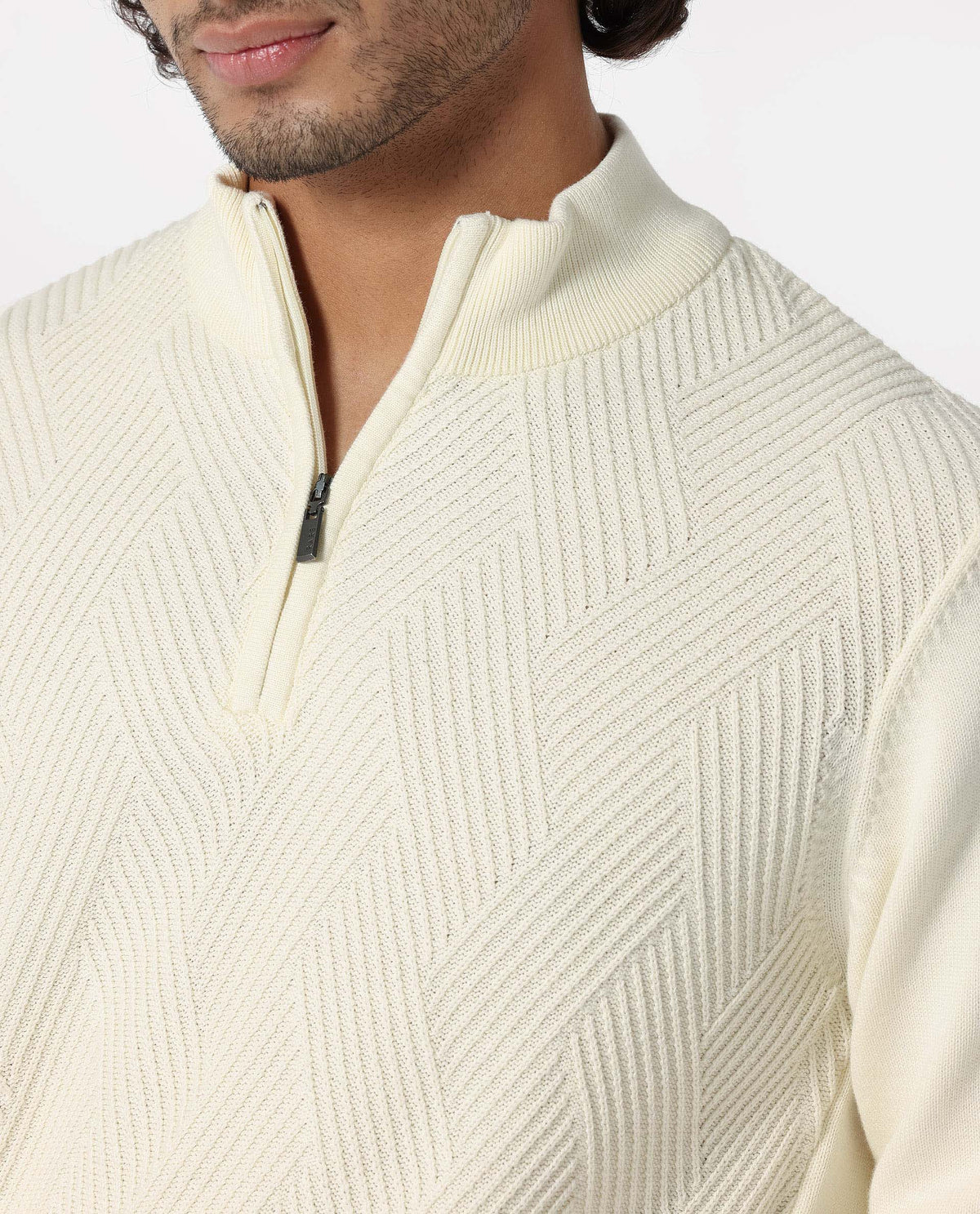 Rare Rabbit Mens Toyd Off White Sweater Cotton Fabric High Neck Knitted Full Sleeves Zipper Closure Regular Fit