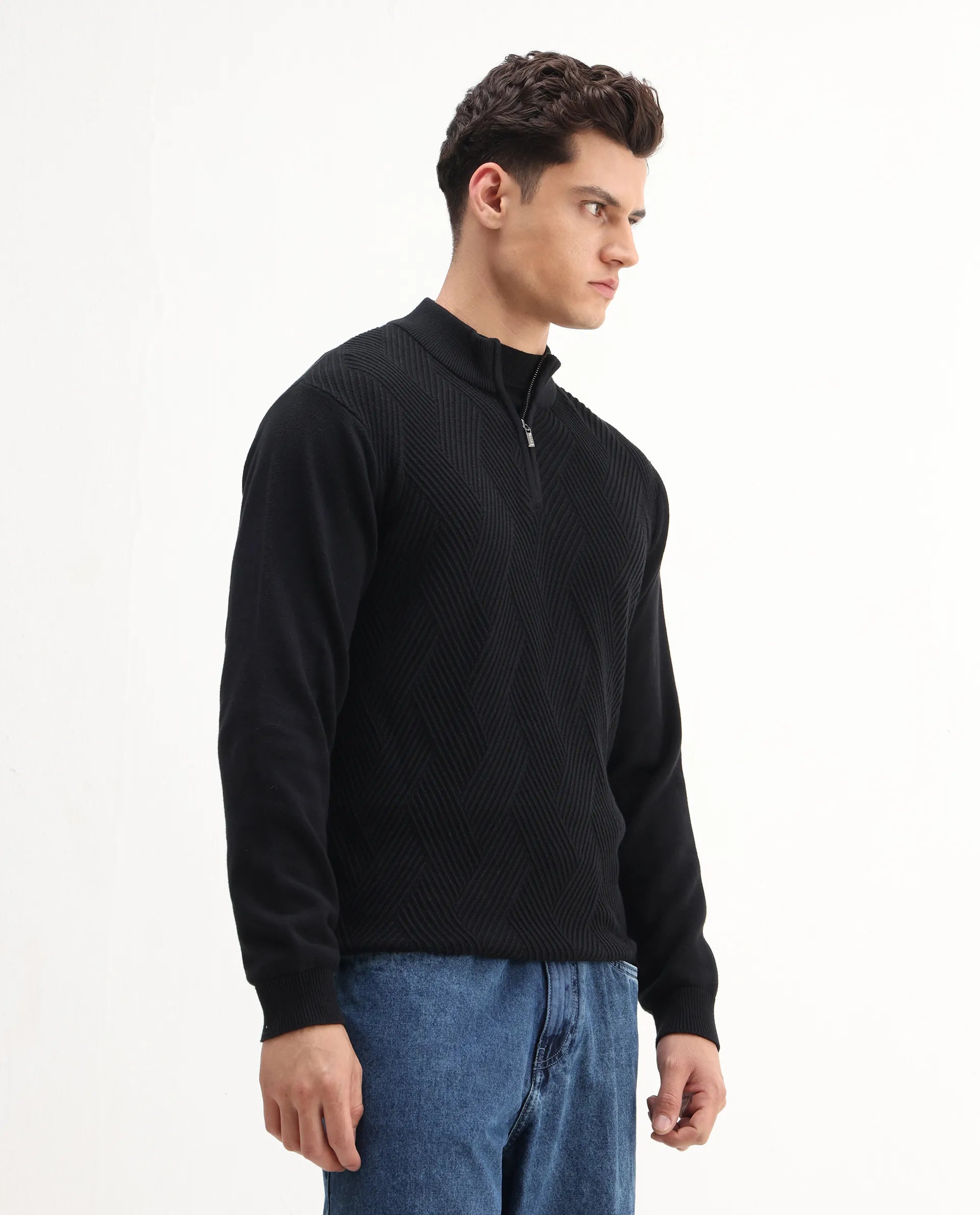Rare Rabbit Men's Toyder Black Cotton Textured Regular Fit Full Sleeve High Neck Sweater