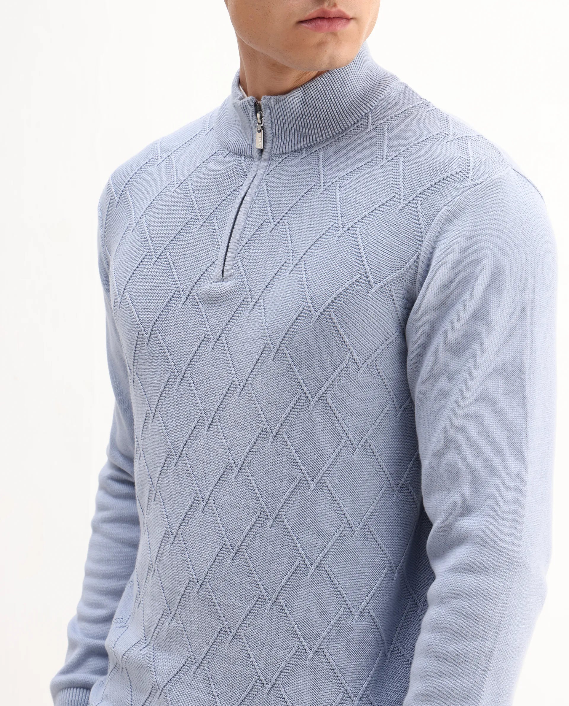 Rare Rabbit Men's Toyder Blue Cotton Textured Regular Fit Full Sleeve High Neck Sweater