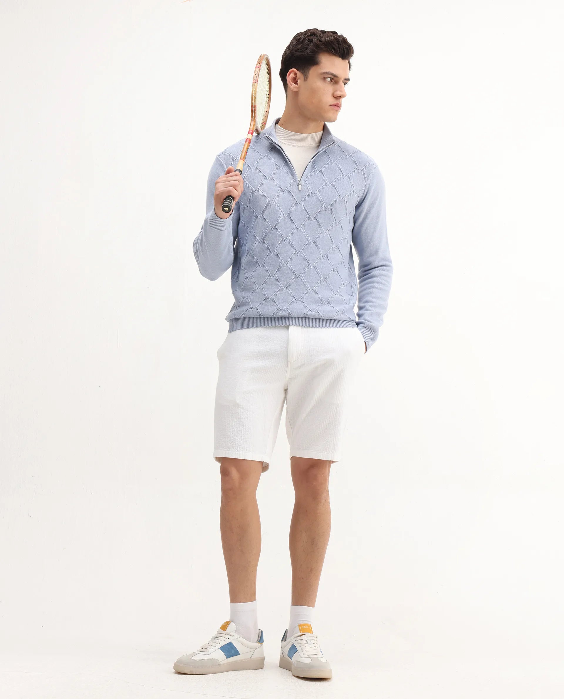 Rare Rabbit Men's Toyder Blue Cotton Textured Regular Fit Full Sleeve High Neck Sweater