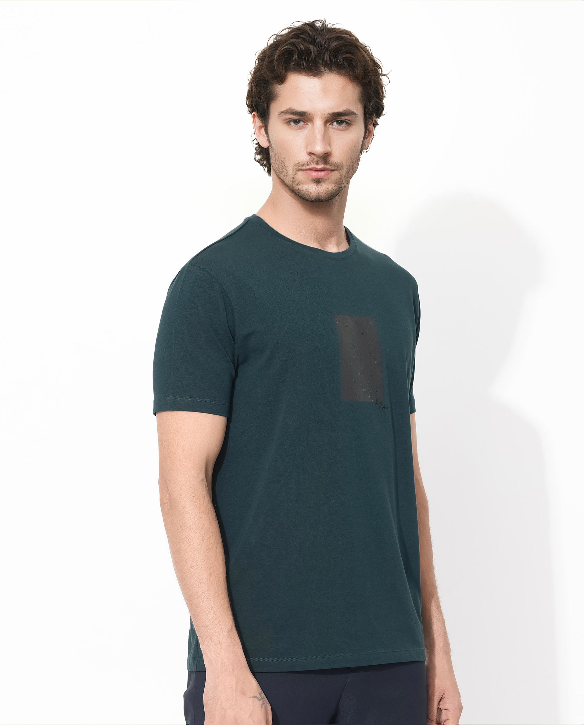 Rare Rabbit Men's Trace-1 Dark Green Cotton Lycra Fabric Crew Neck Half Sleeves Regular Fit Graphic Print Logo T-Shirt