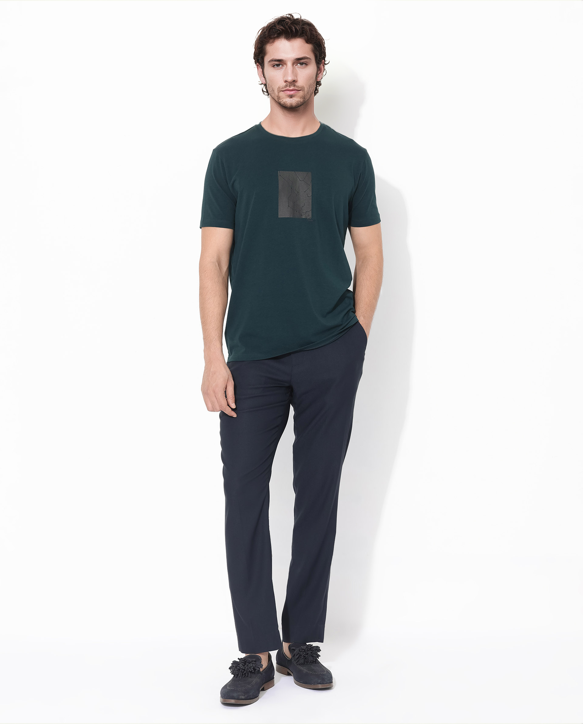 Rare Rabbit Men's Trace-1 Dark Green Cotton Lycra Fabric Crew Neck Half Sleeves Regular Fit Graphic Print Logo T-Shirt