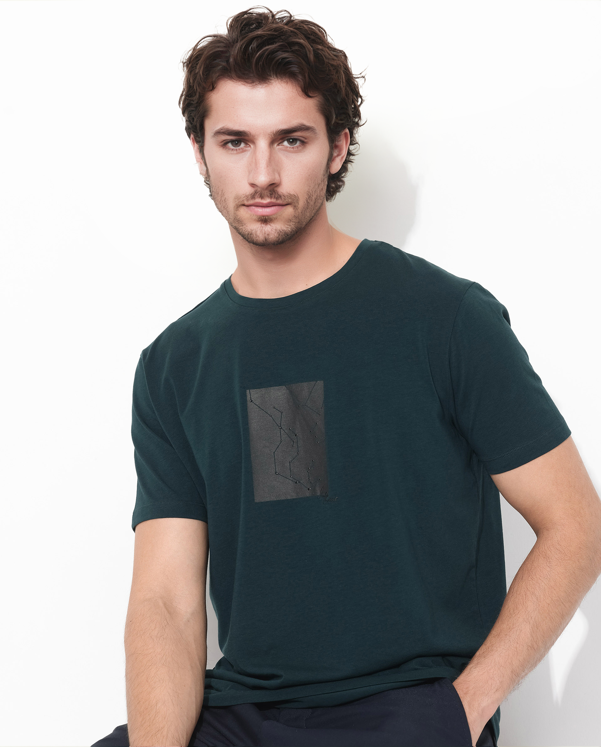 Rare Rabbit Men's Trace-1 Dark Green Cotton Lycra Fabric Crew Neck Half Sleeves Regular Fit Graphic Print Logo T-Shirt