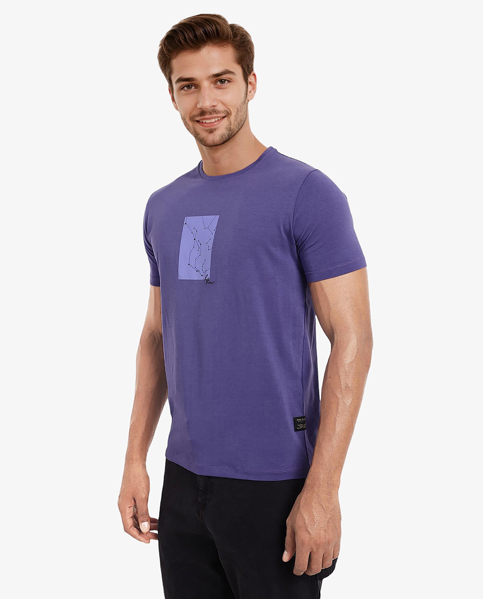 Rare Rabbit Men's Trace-1 Purple Cotton Lycra Fabric Crew Neck Half Sleeves Regular Fit Graphic Print Logo T-Shirt