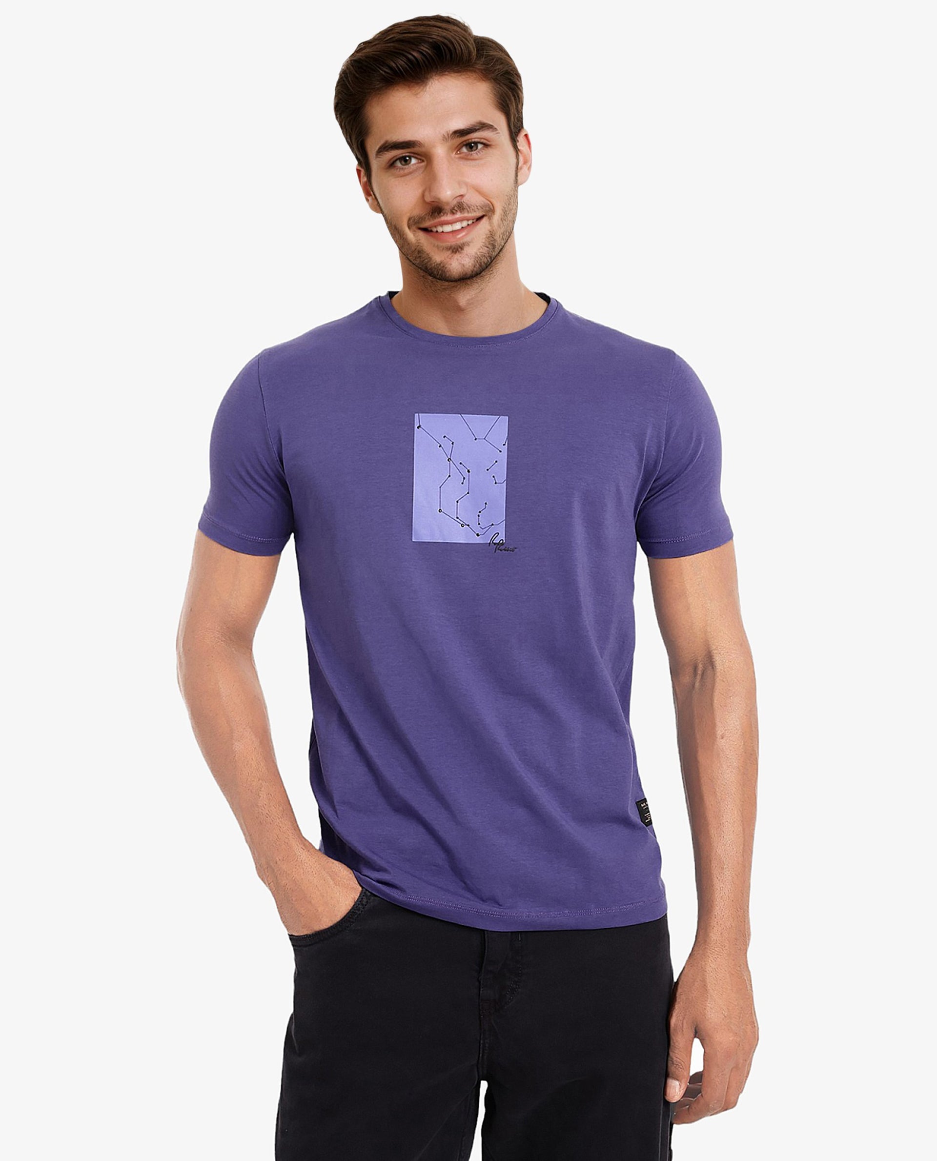 Rare Rabbit Men's Trace-1 Purple Cotton Lycra Fabric Crew Neck Half Sleeves Regular Fit Graphic Print Logo T-Shirt