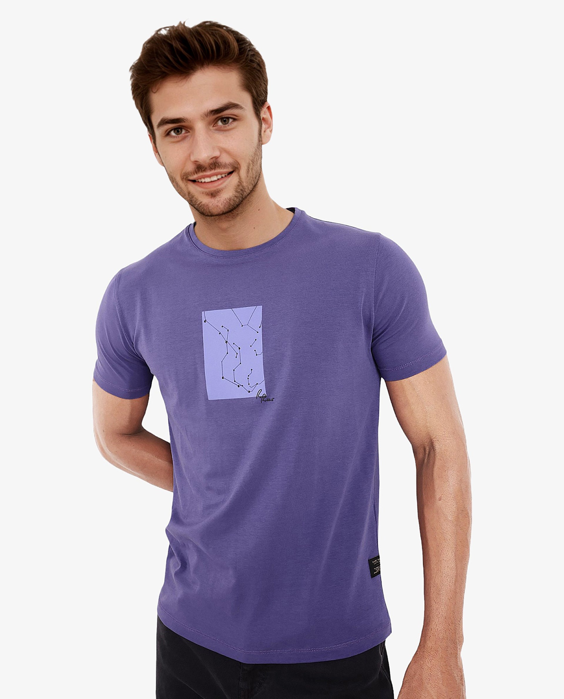 Rare Rabbit Men's Trace-1 Purple Cotton Lycra Fabric Crew Neck Half Sleeves Regular Fit Graphic Print Logo T-Shirt