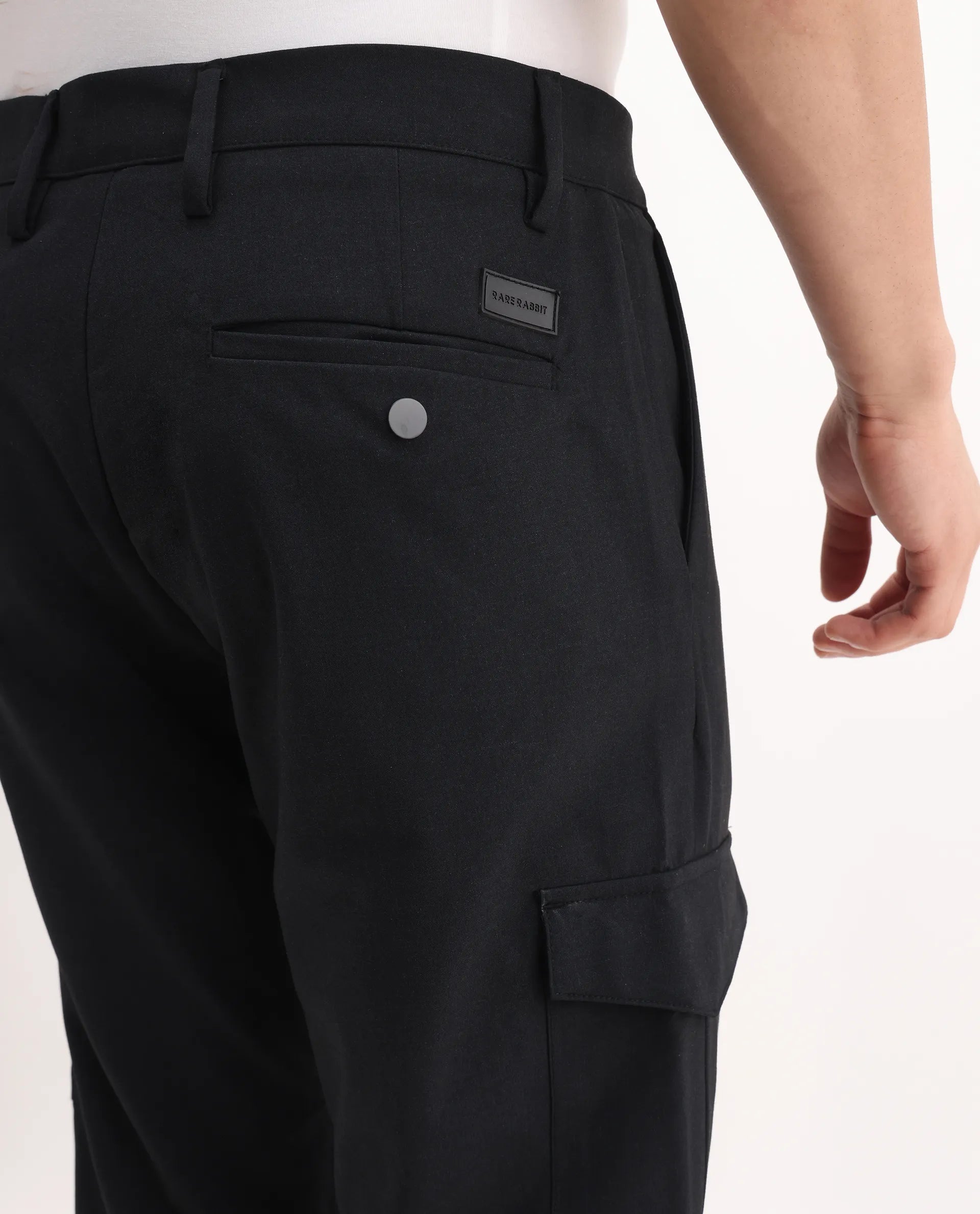 Rare Rabbit Men's Traco Black Cotton Plain Regular Fit Trouser