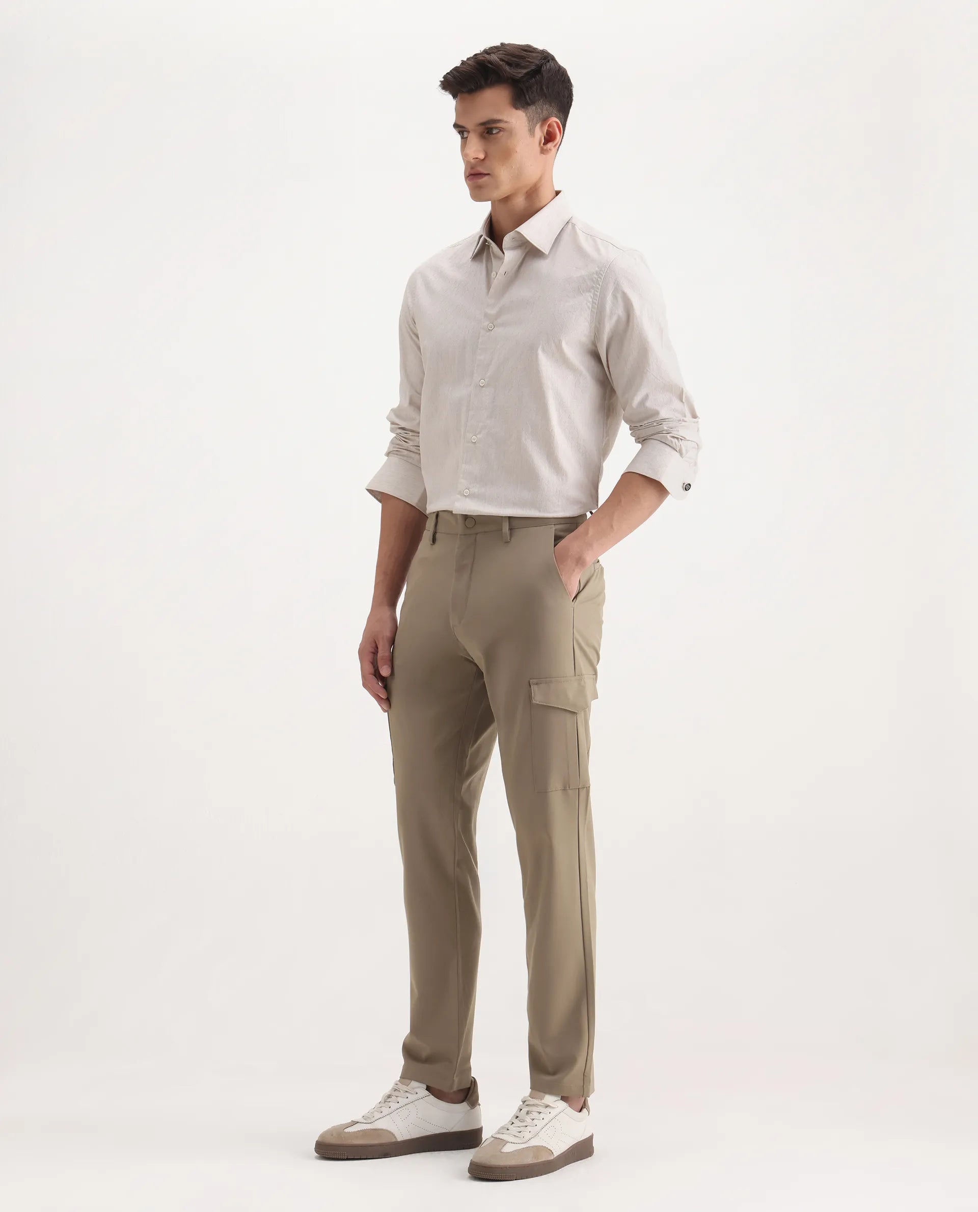 Rare Rabbit Men's Traco Dark Beige Cotton Plain Regular Fit Trouser