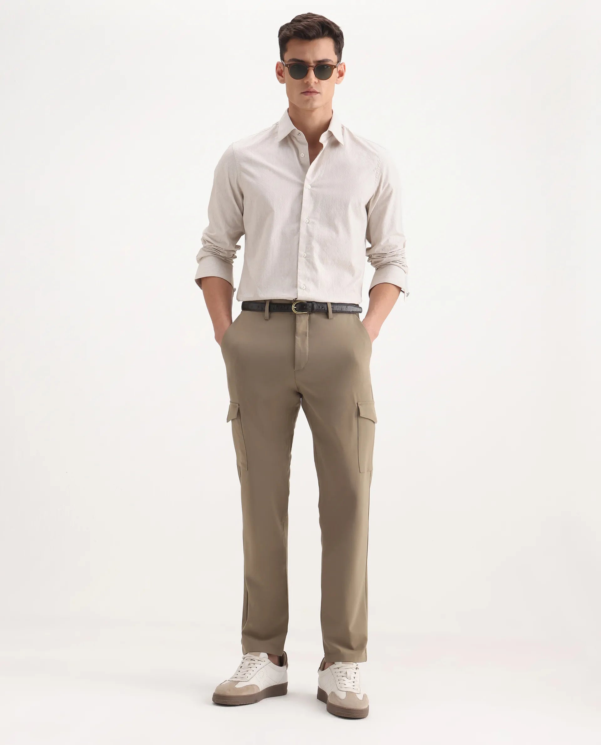 Rare Rabbit Men's Traco Dark Beige Cotton Plain Regular Fit Trouser