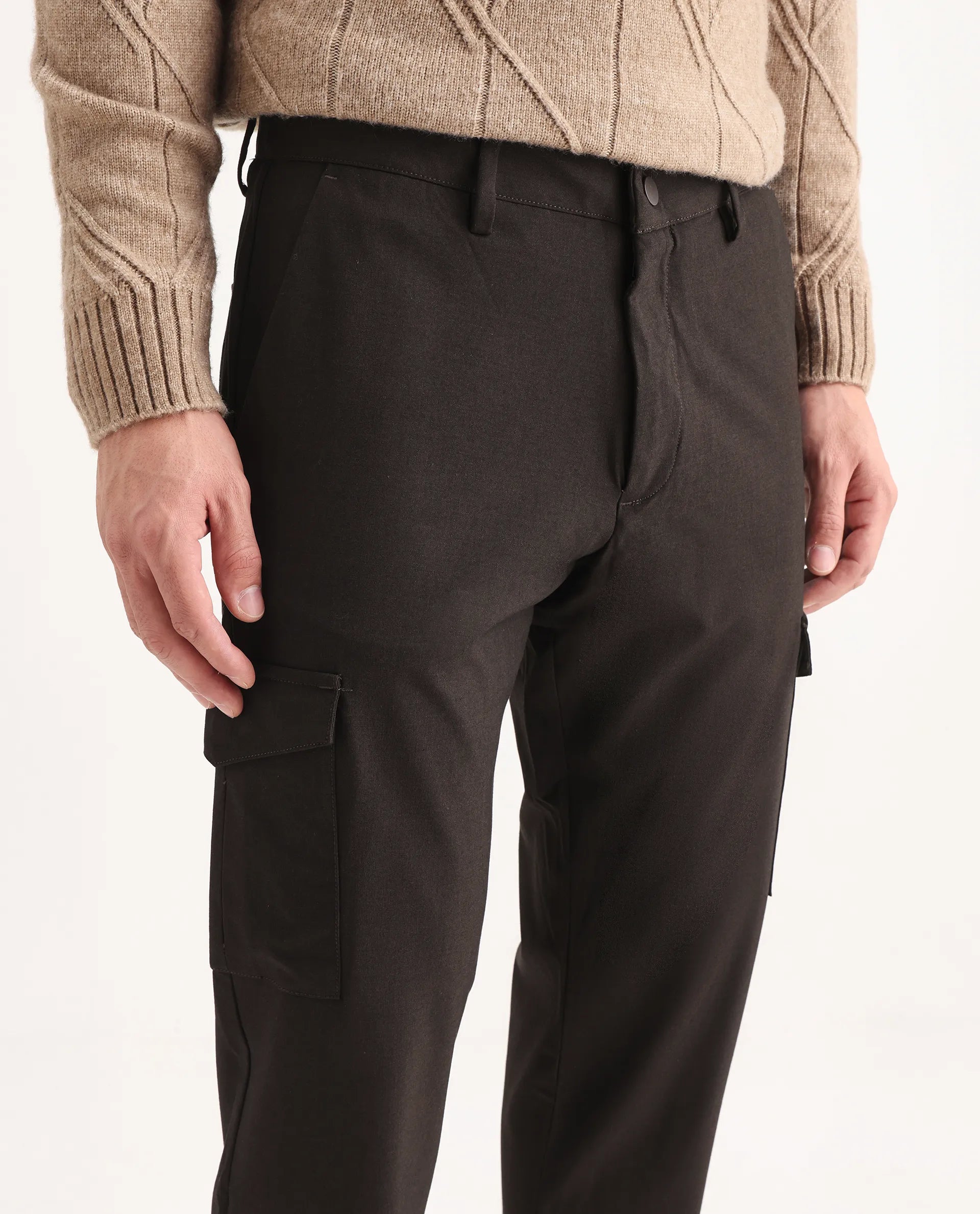 Rare Rabbit Men's Traco Dark Brown Cotton Plain Regular Fit Trouser