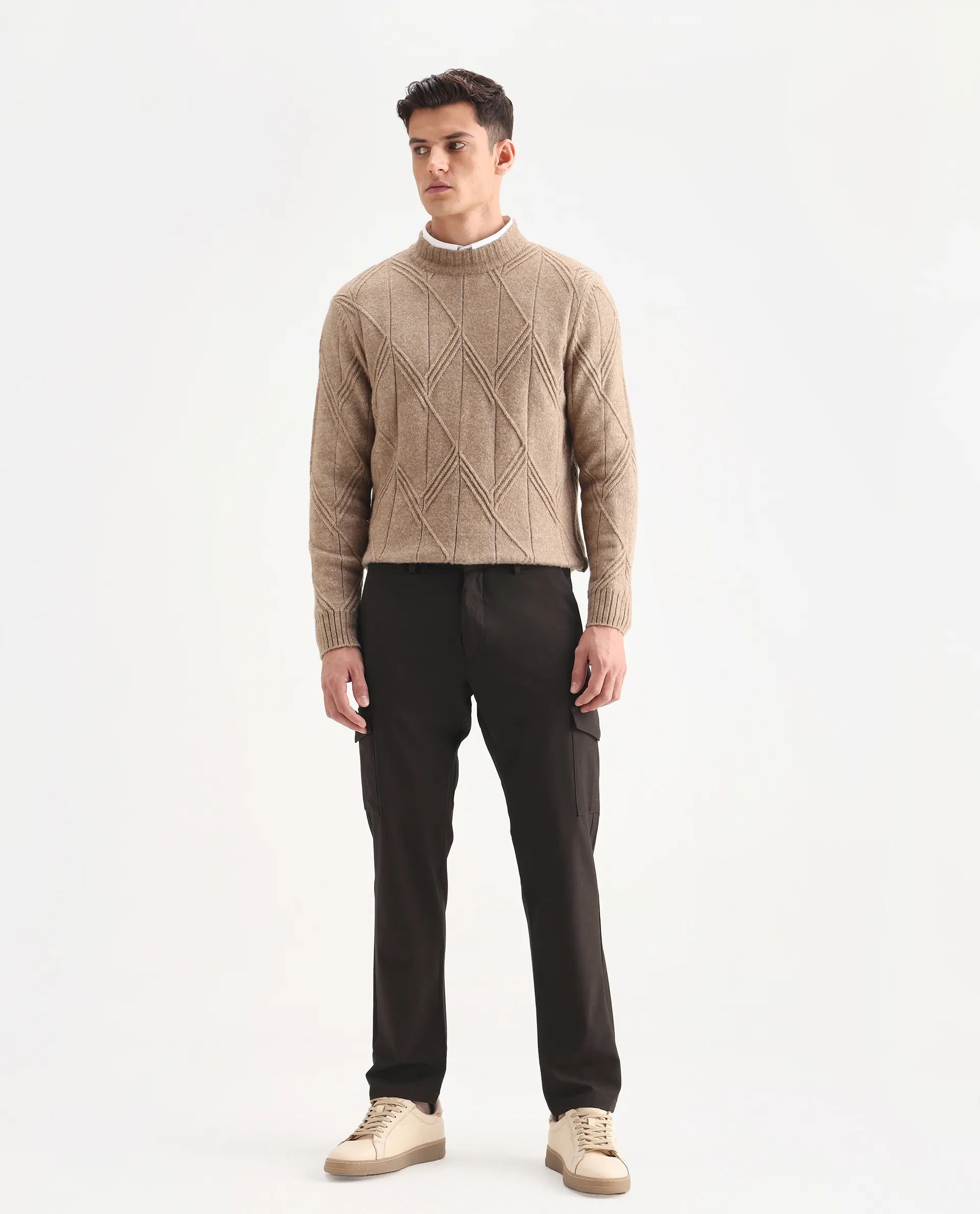 Rare Rabbit Men's Traco Dark Brown Cotton Plain Regular Fit Trouser