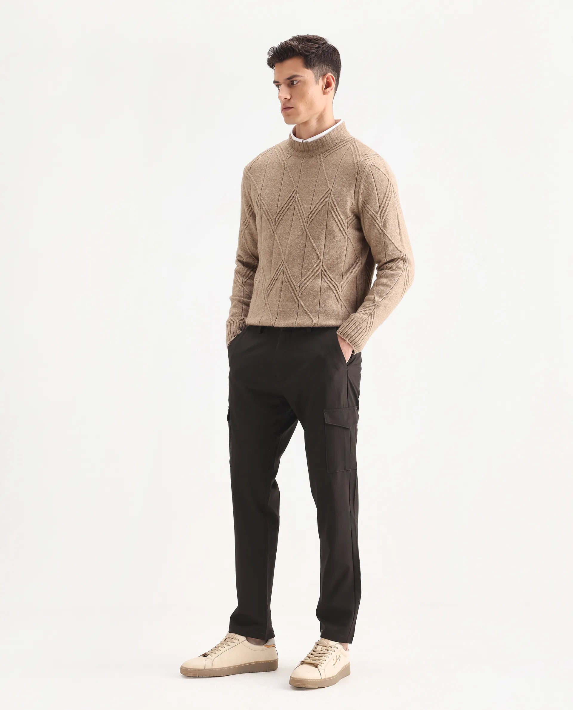 Rare Rabbit Men's Traco Dark Brown Cotton Plain Regular Fit Trouser