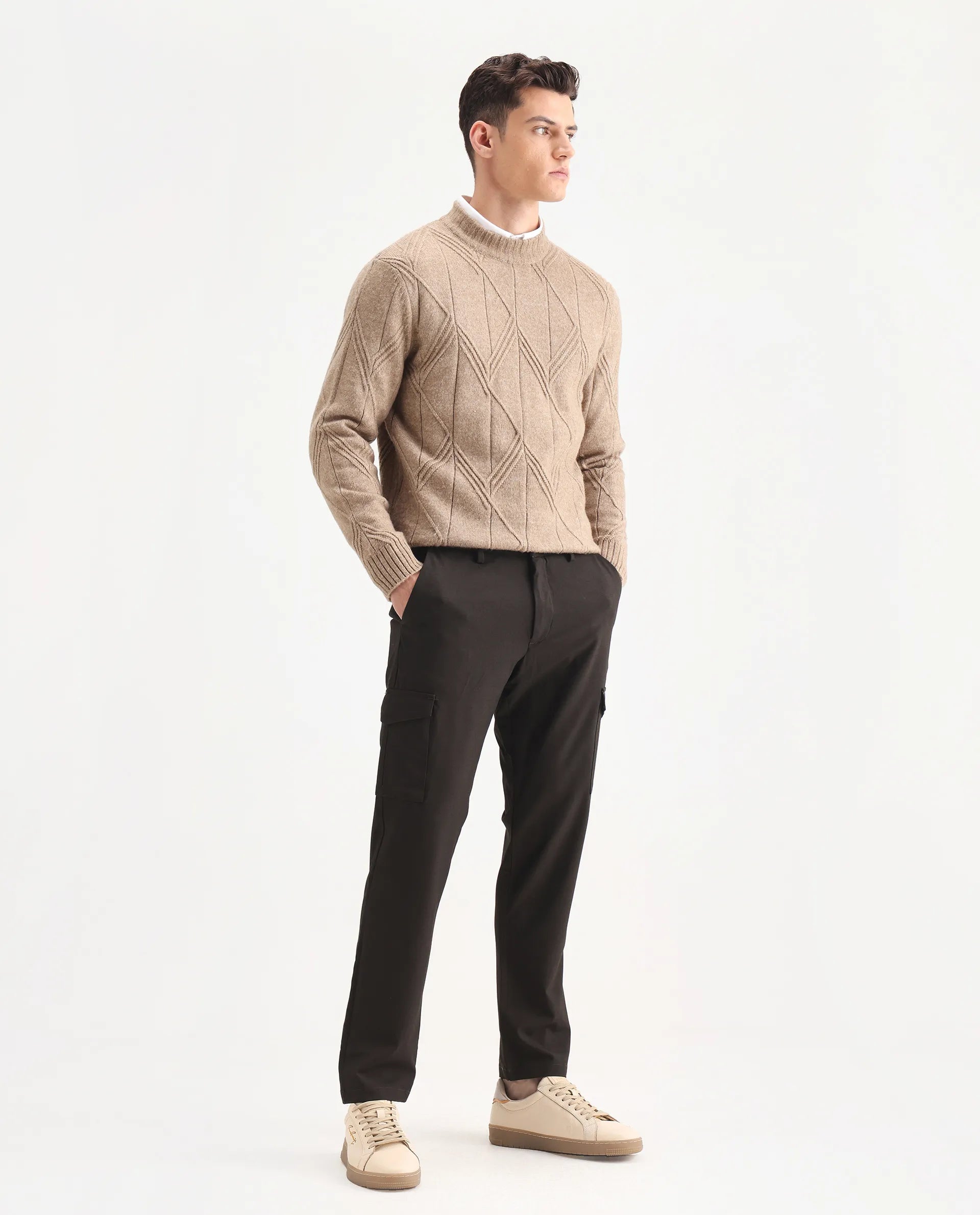 Rare Rabbit Men's Traco Dark Brown Cotton Plain Regular Fit Trouser