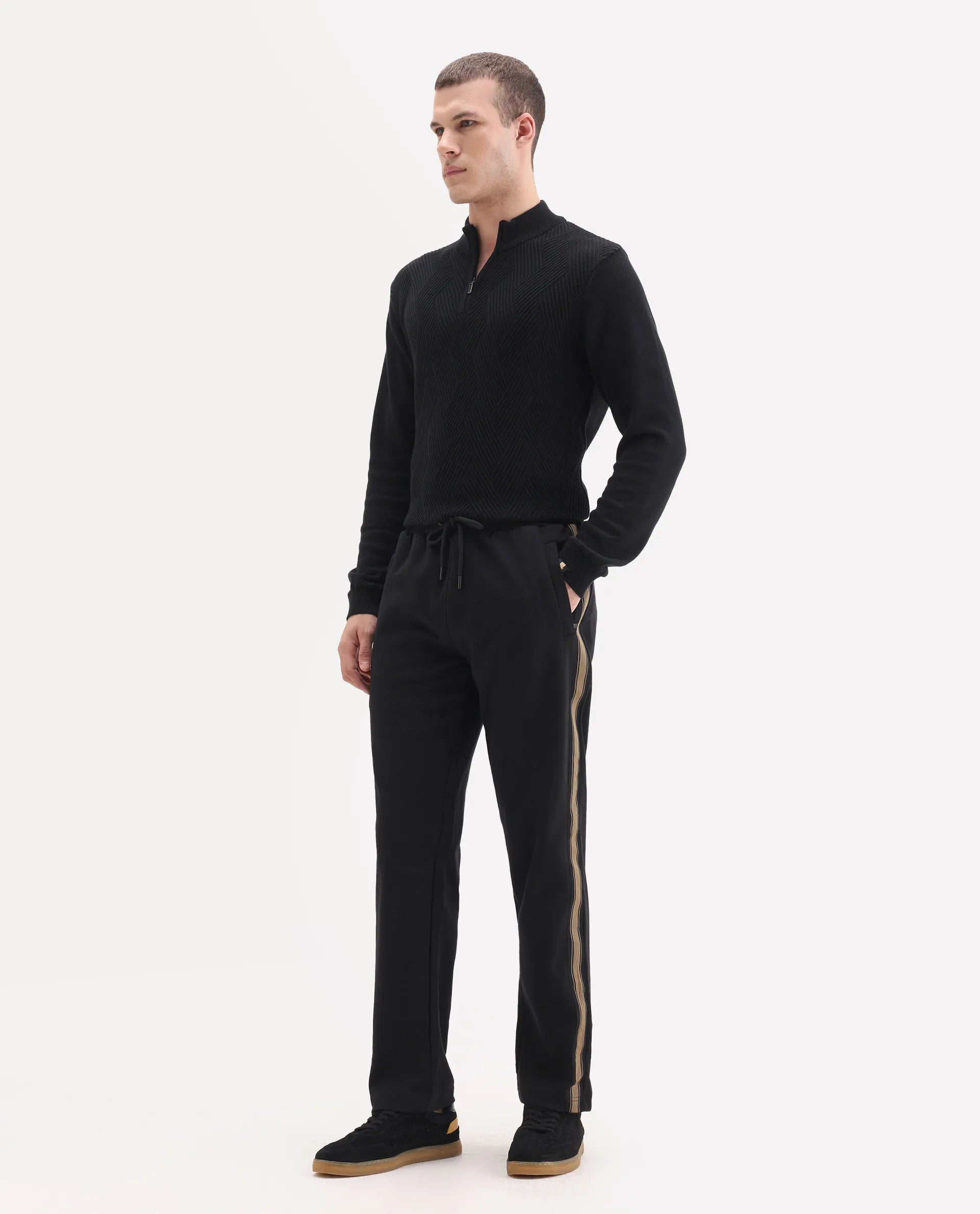 Rare Rabbit Men's Tracksign Black Cotton Plain Regular Fit Trouser