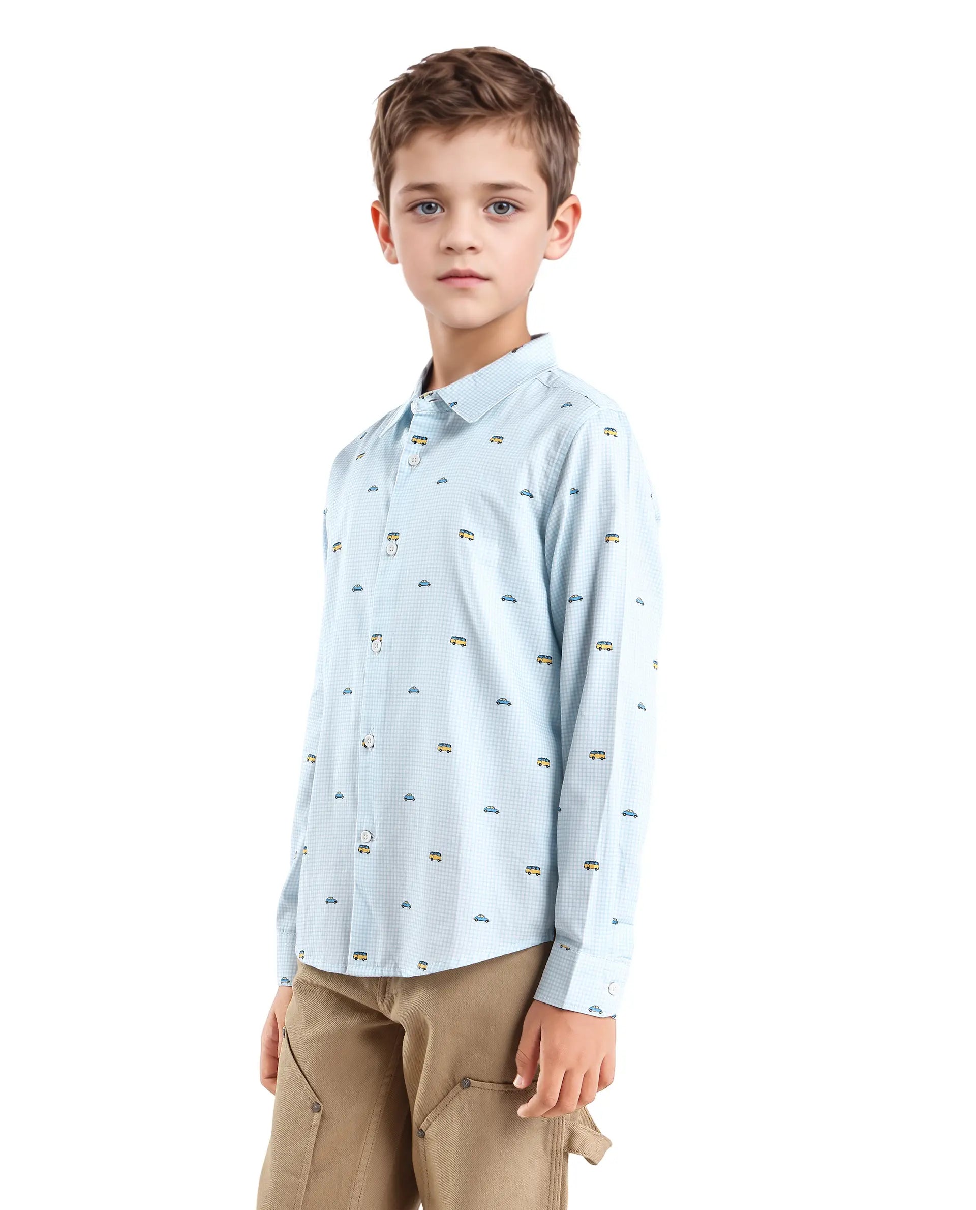 Rare Ones Kids Traf Light Blue Cotton Blend Printed Button Closure Regular Fit Shirt