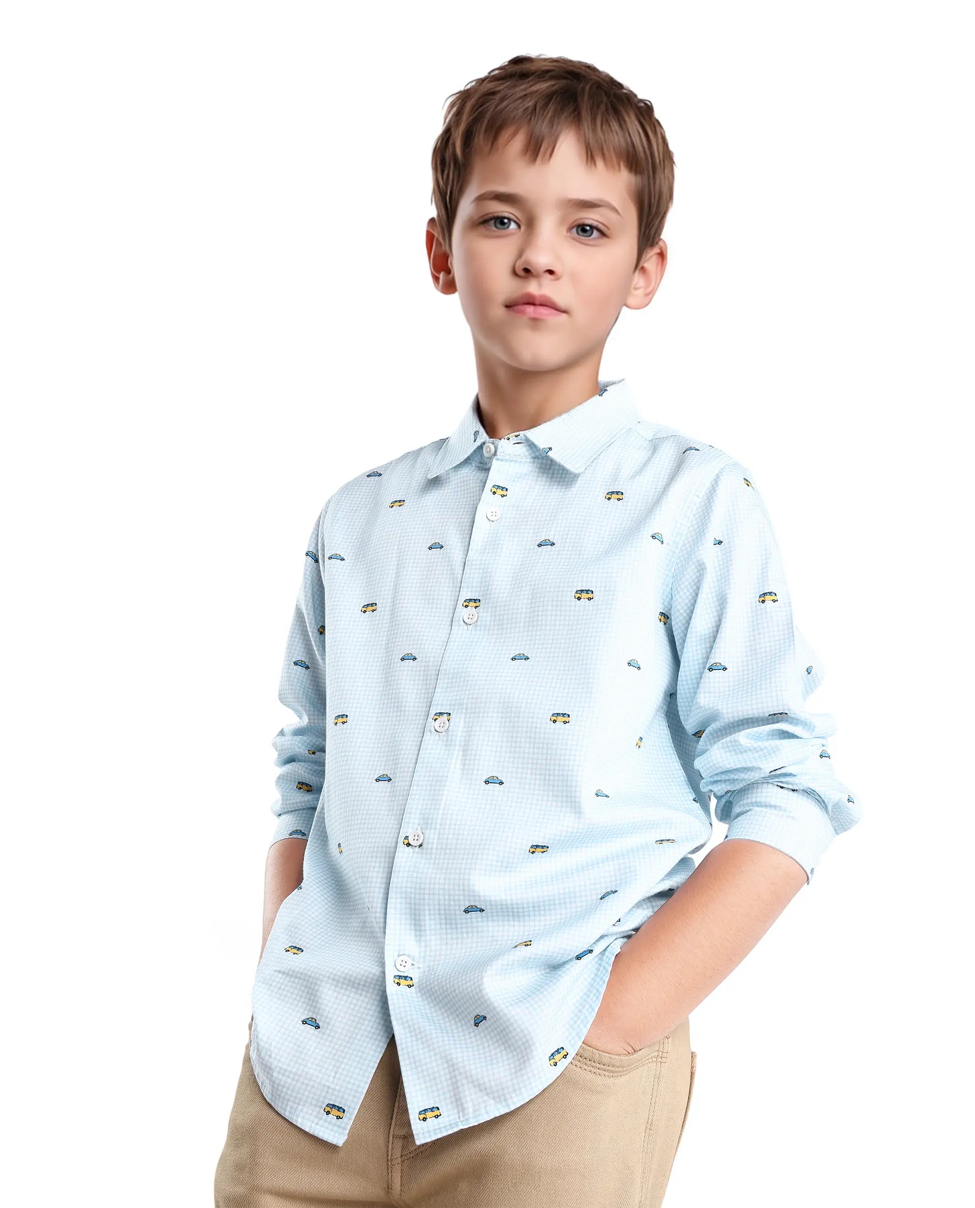 Rare Ones Kids Traf Light Blue Cotton Blend Printed Button Closure Regular Fit Shirt