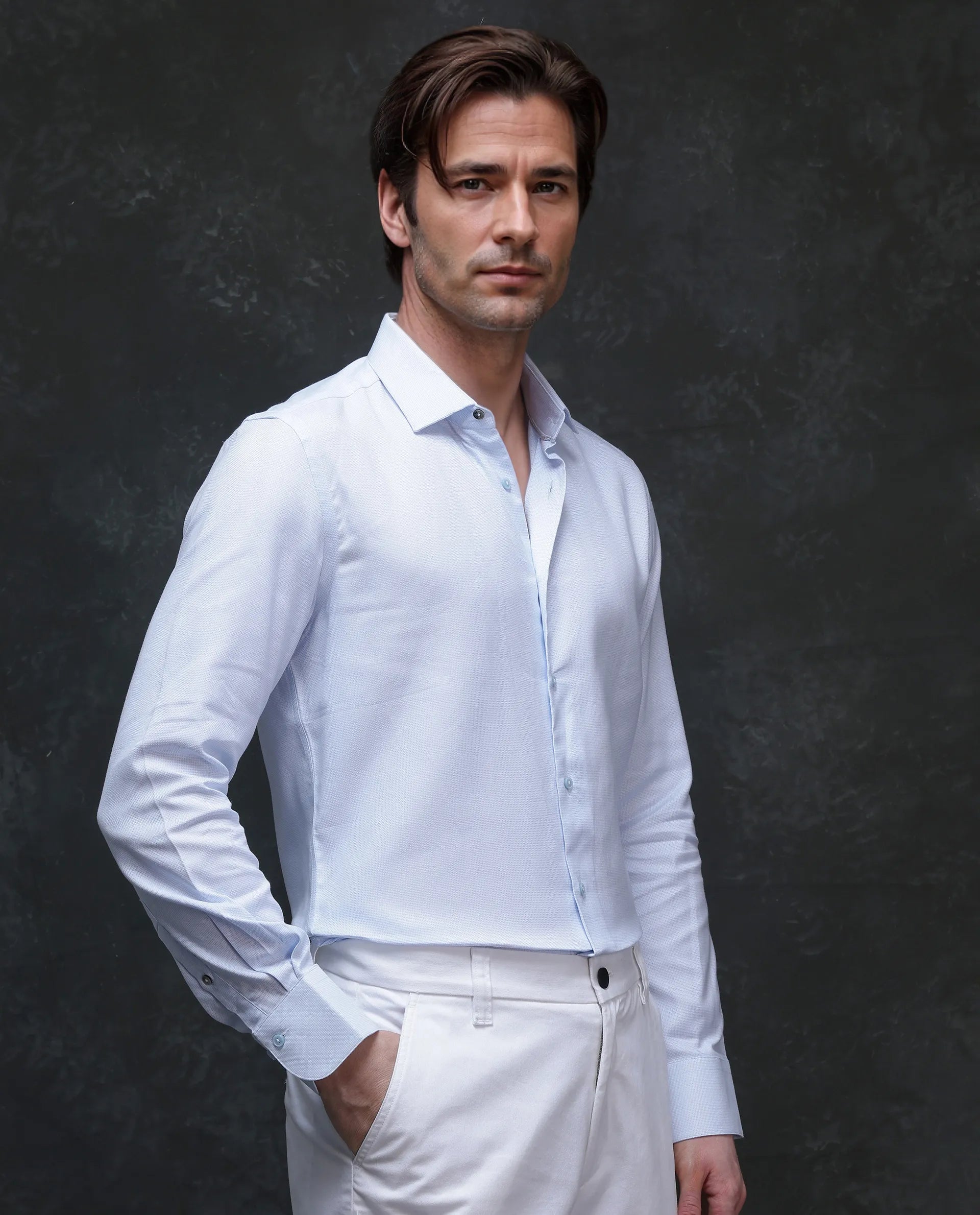 Rare Rabbit Mens Traf Pastel Blue Cotton Dobby Fabric Full Sleeves Regular Fit Solid Shirt