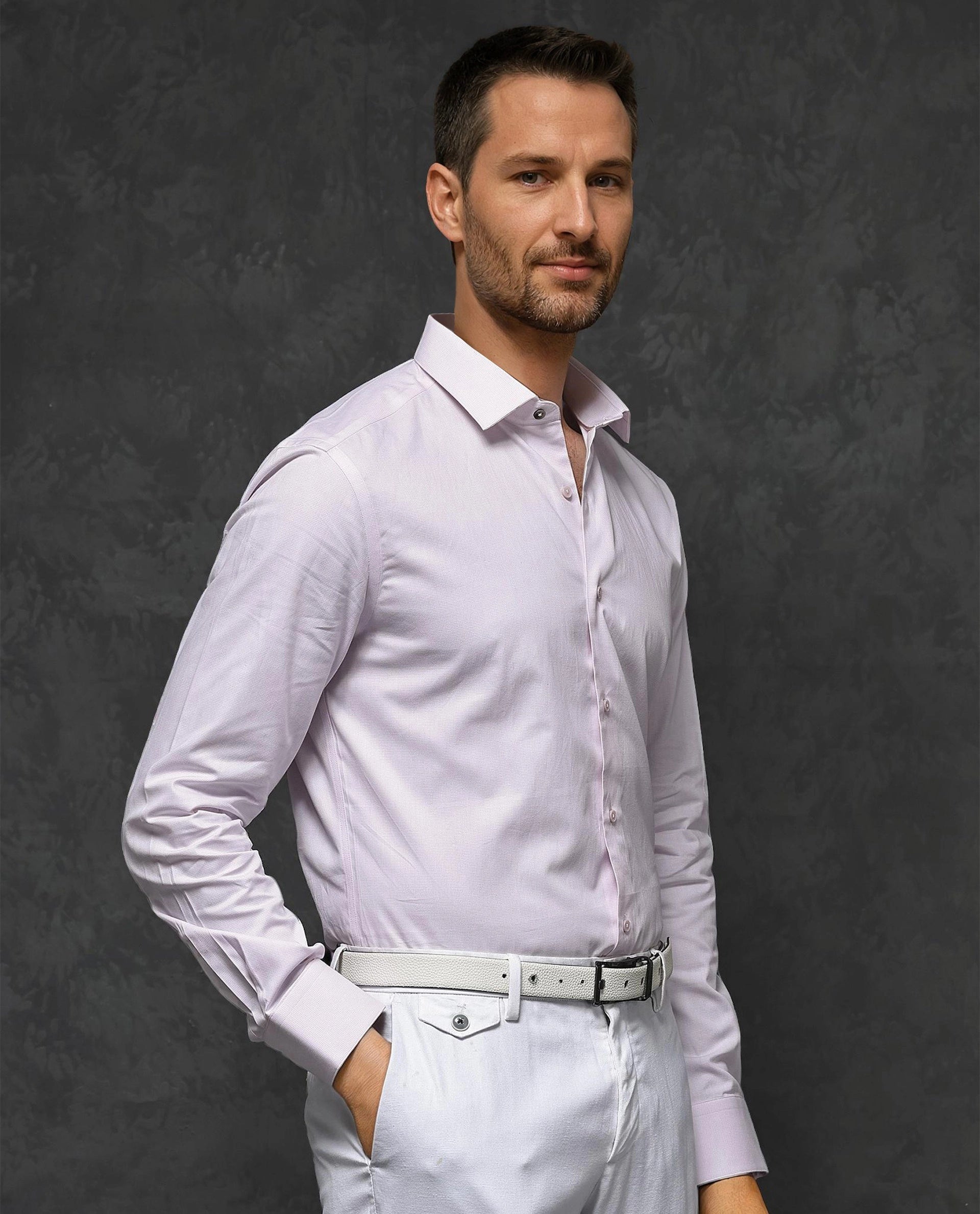 Rare Rabbit Mens Traf Pastel Pink Cotton Dobby Fabric Full Sleeves Regular Fit Solid Shirt