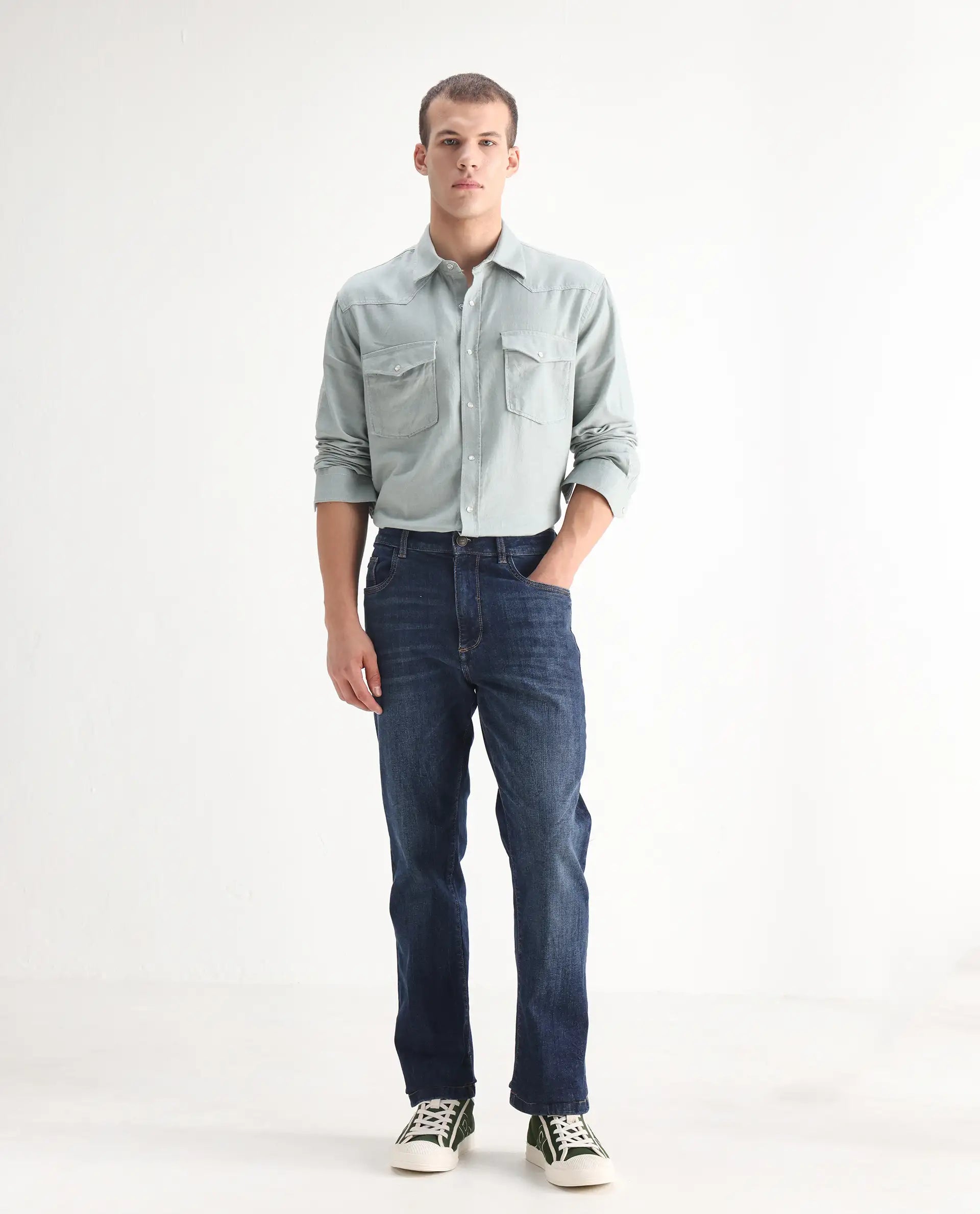 Rare Rabbit Men's Train Fluorescent Blue Cotton Blend Plain Morris Regular Fit Jeans