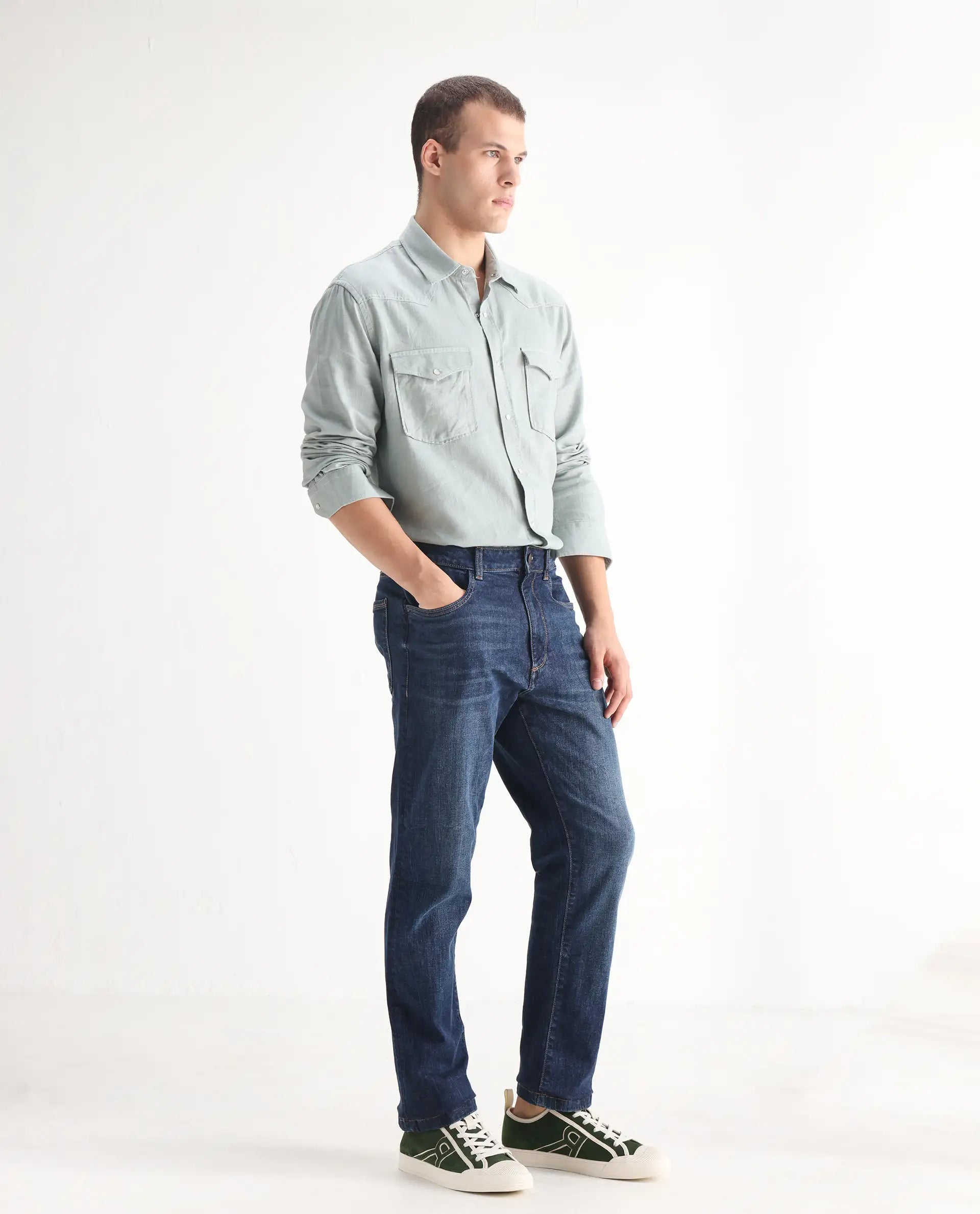 Rare Rabbit Men's Train Fluorescent Blue Cotton Blend Plain Morris Regular Fit Jeans