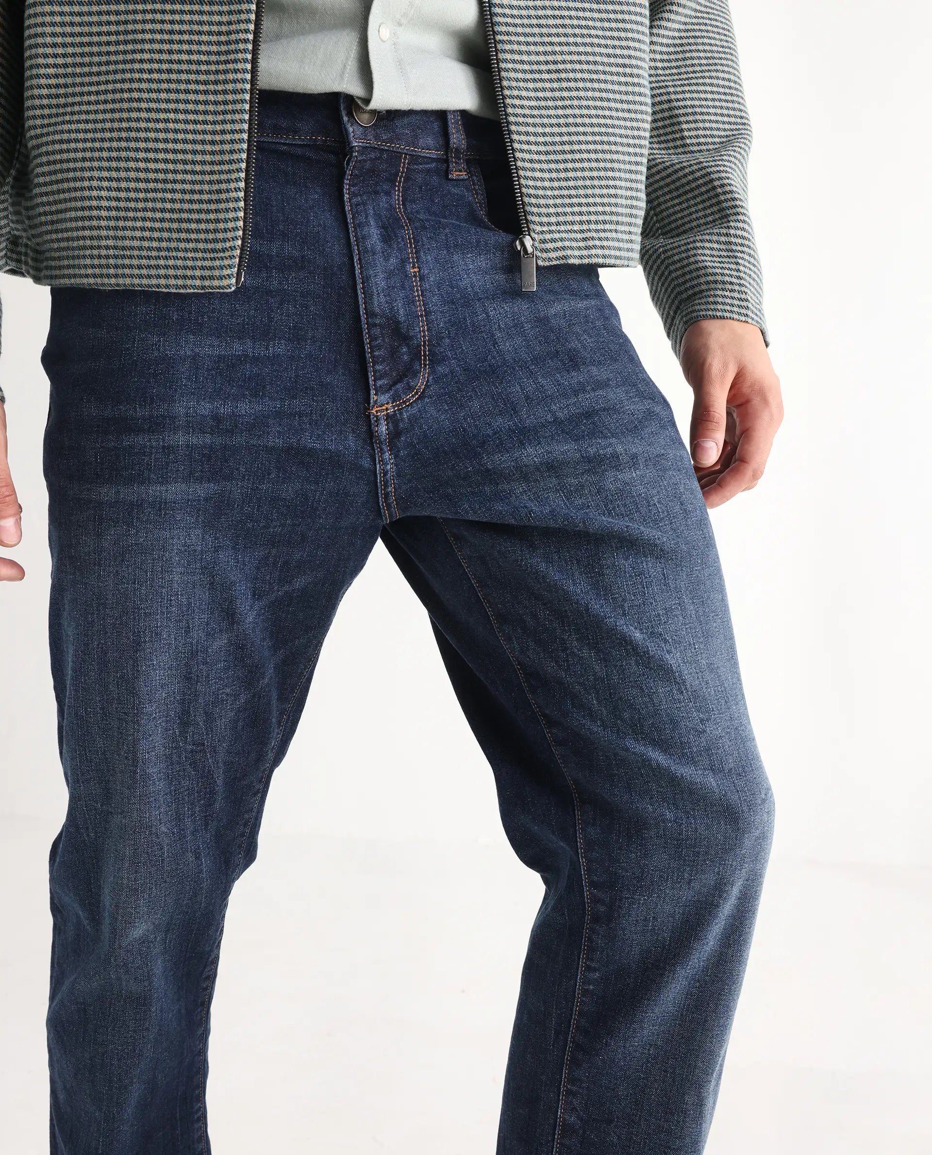 Rare Rabbit Men's Train Fluorescent Blue Cotton Blend Plain Morris Regular Fit Jeans