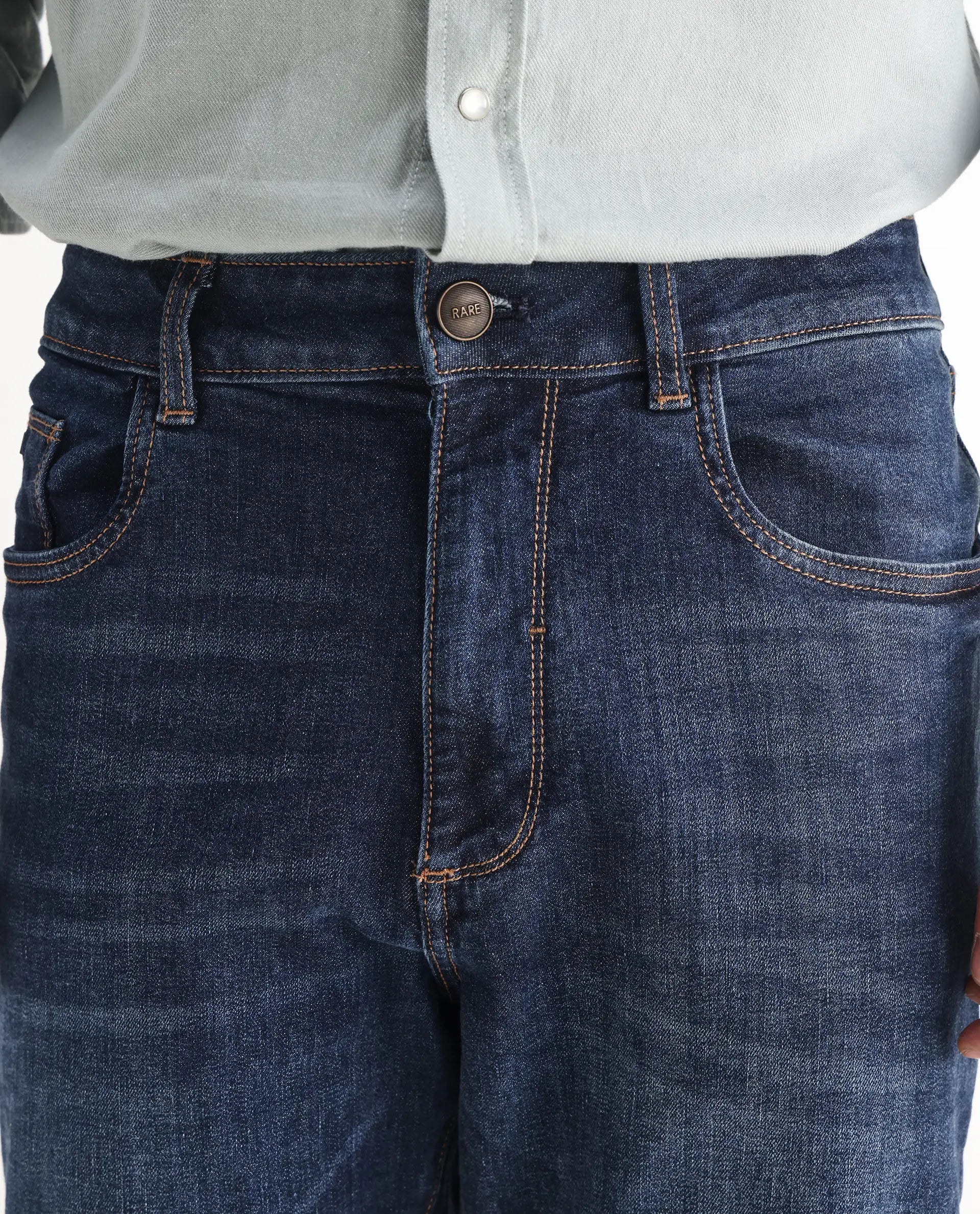 Rare Rabbit Men's Train Fluorescent Blue Cotton Blend Plain Morris Regular Fit Jeans