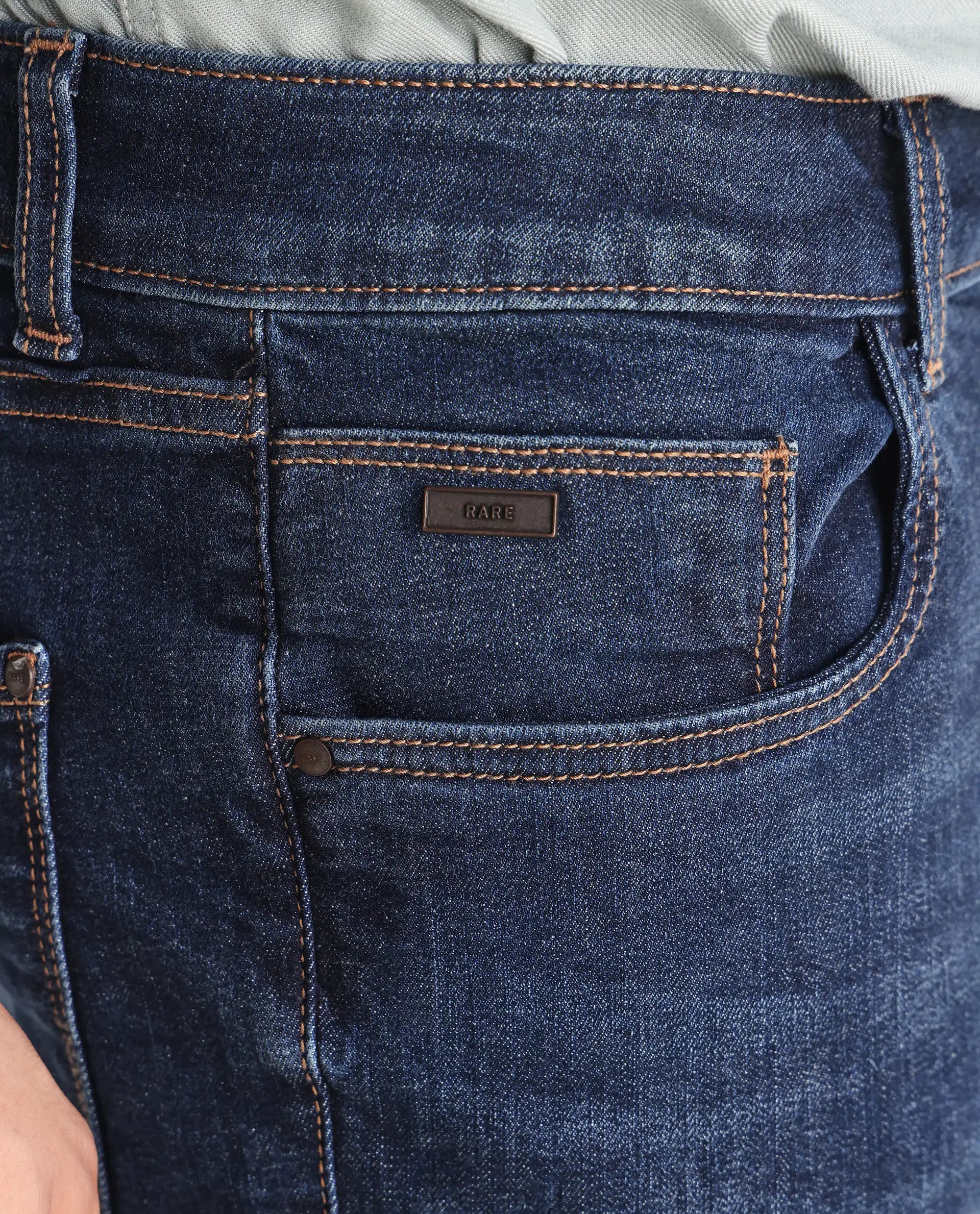 Rare Rabbit Men's Train Fluorescent Blue Cotton Blend Plain Morris Regular Fit Jeans