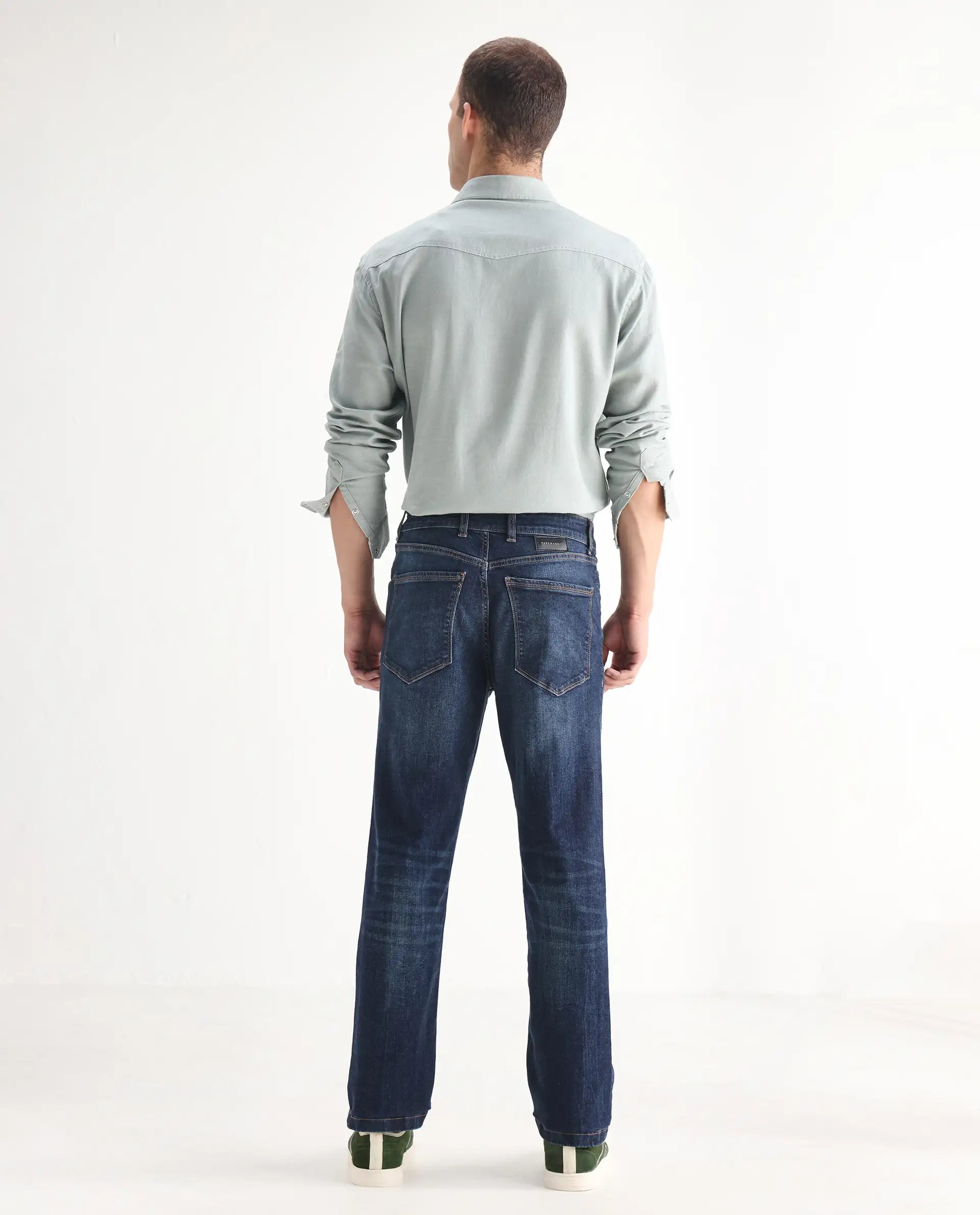 Rare Rabbit Men's Train Fluorescent Blue Cotton Blend Plain Morris Regular Fit Jeans