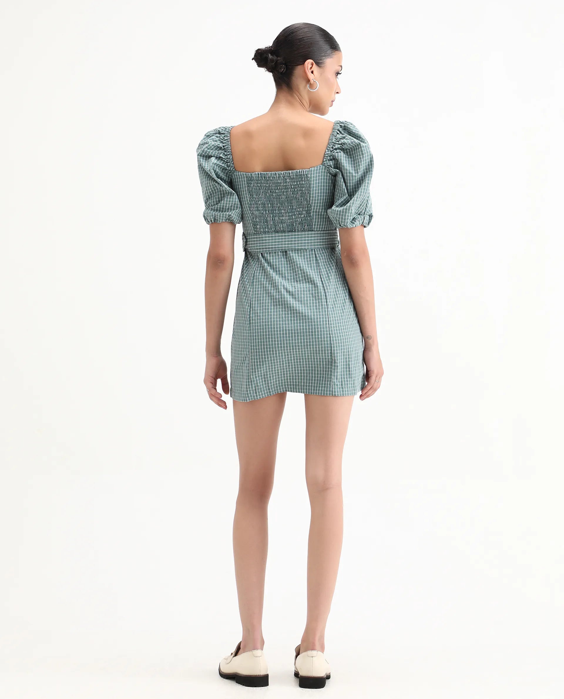 Rareism Women's Train Green Linen Square Neck Checked Puff Sleeves Mini Slim Fit Dress