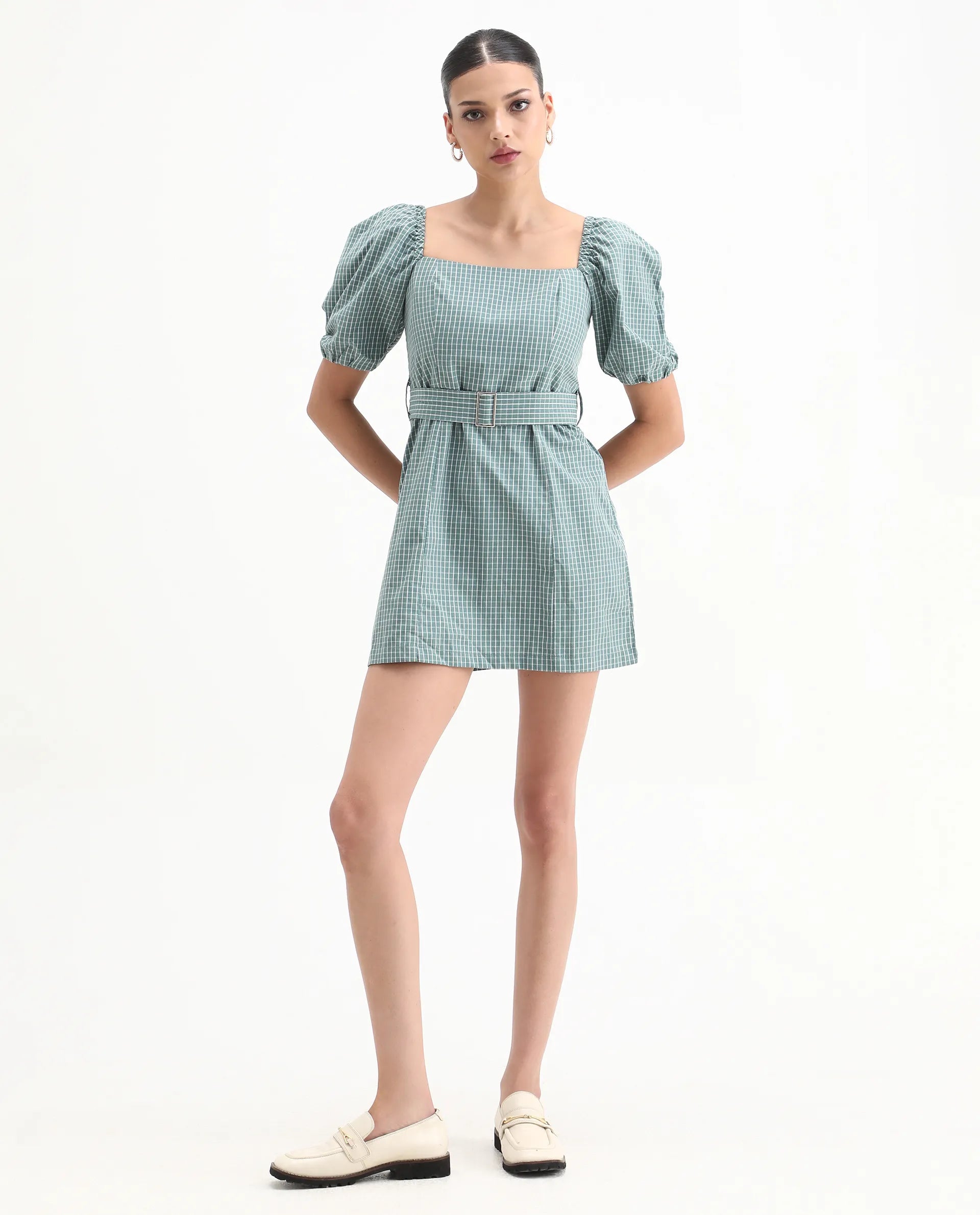 Rareism Women's Train Green Linen Square Neck Checked Puff Sleeves Mini Slim Fit Dress