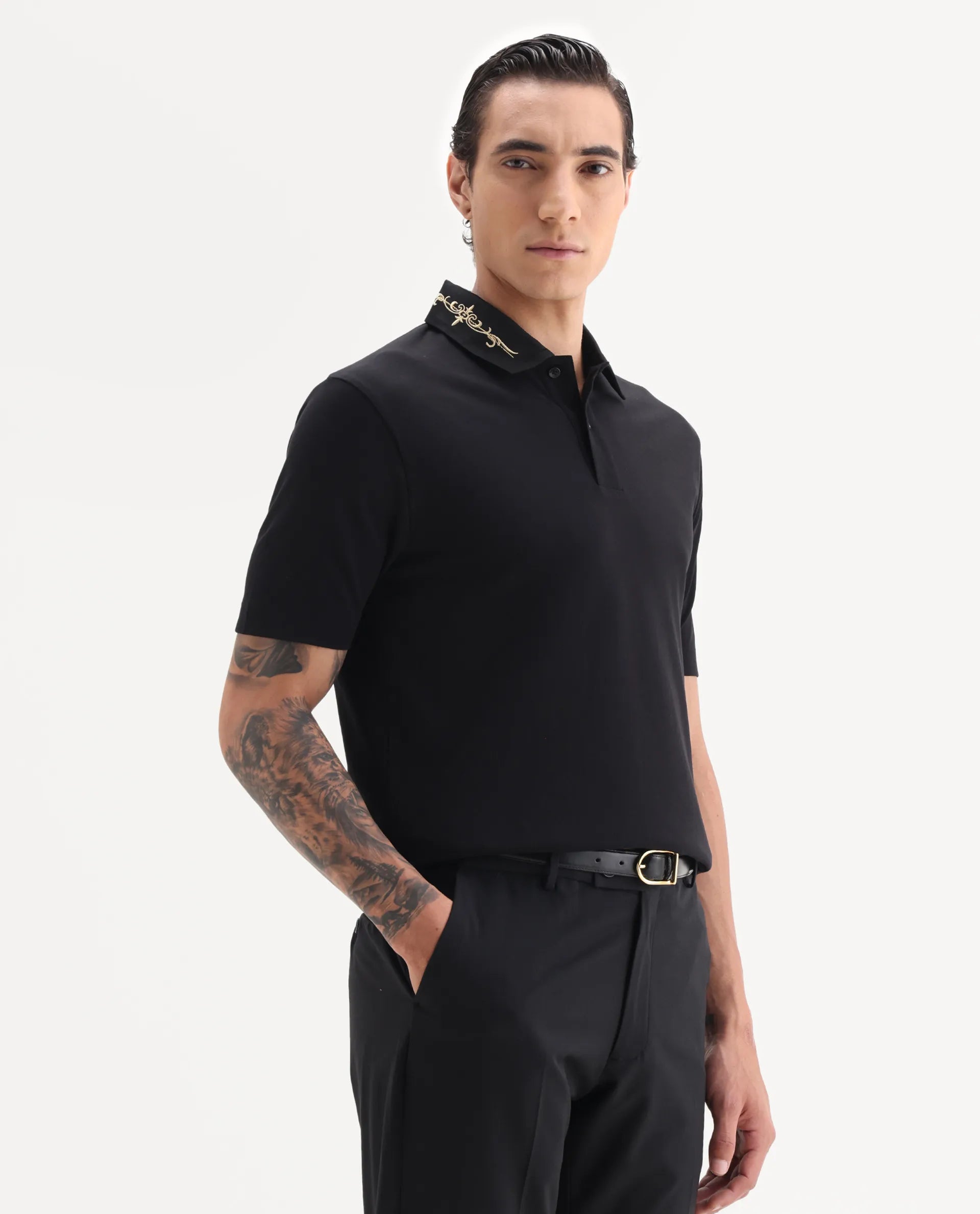 Rare Rabbit Men's Trak Black Cotton Blend Fabric Half Sleeve Spread Collar Embroidered Polo