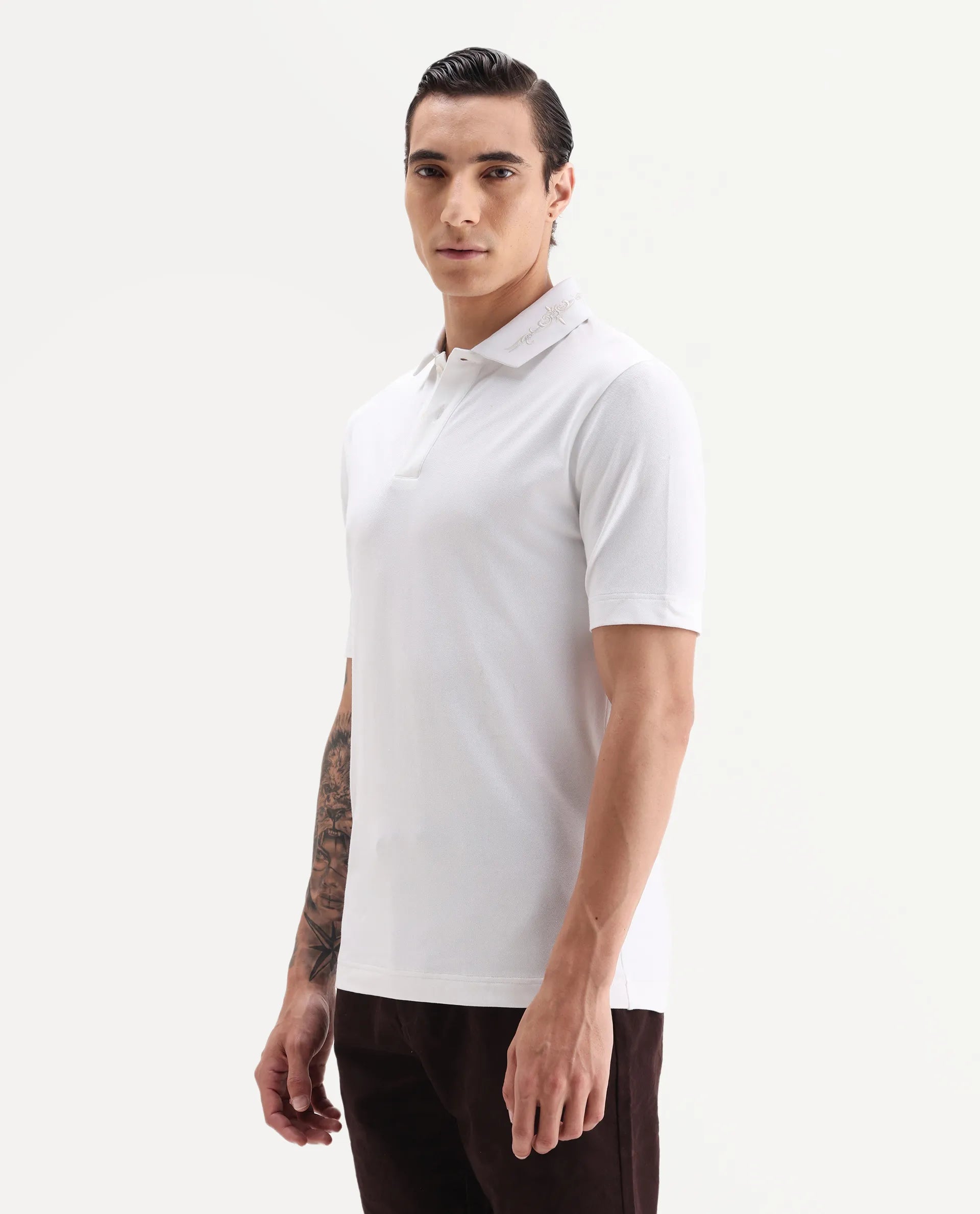Rare Rabbit Men's Trak White Cotton Blend Fabric Half Sleeve Spread Collar Embroidered Polo