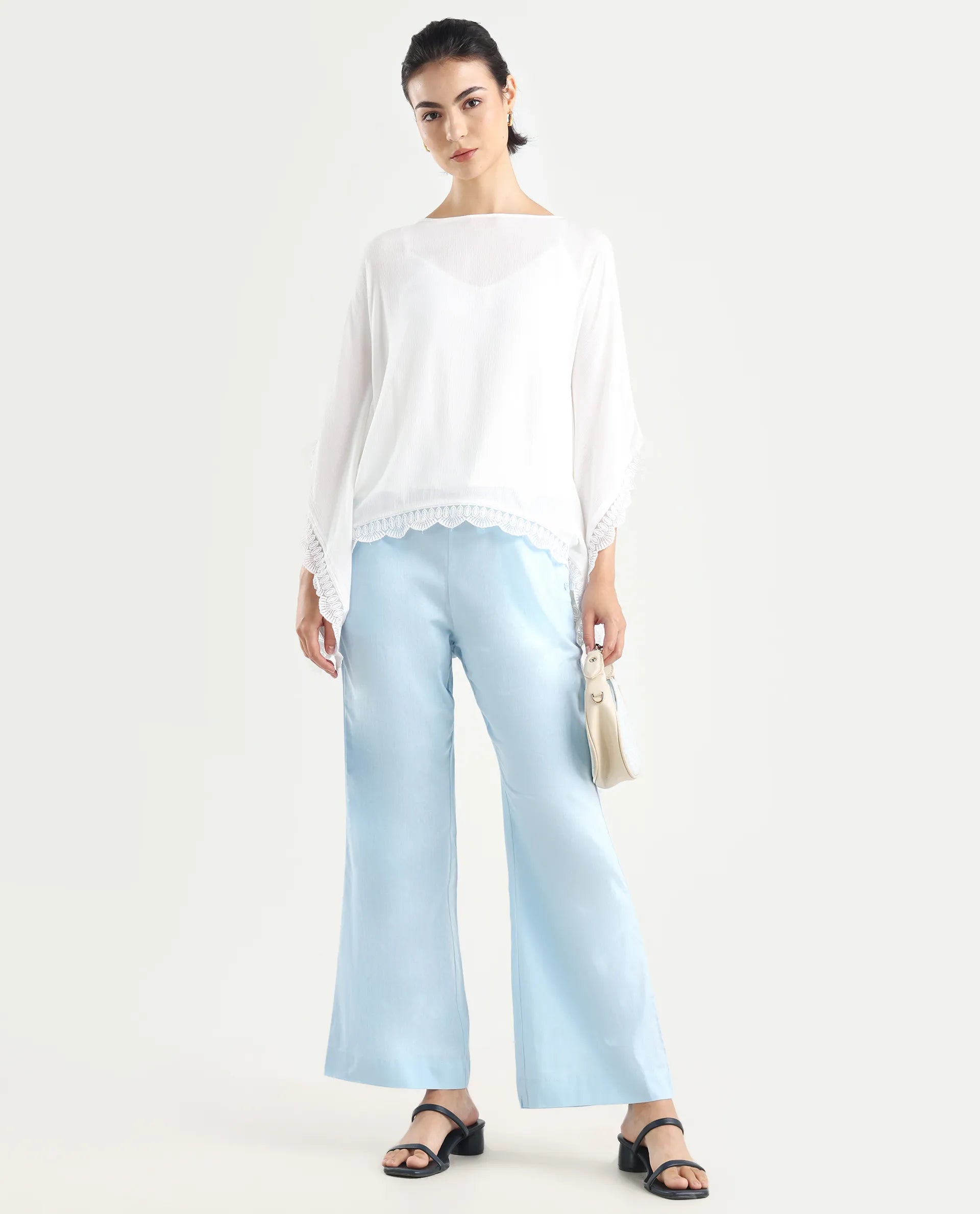 Rareism Women's Trani Light Blue Cotton Blend Plain Ankle Length Wide Leg Trouser