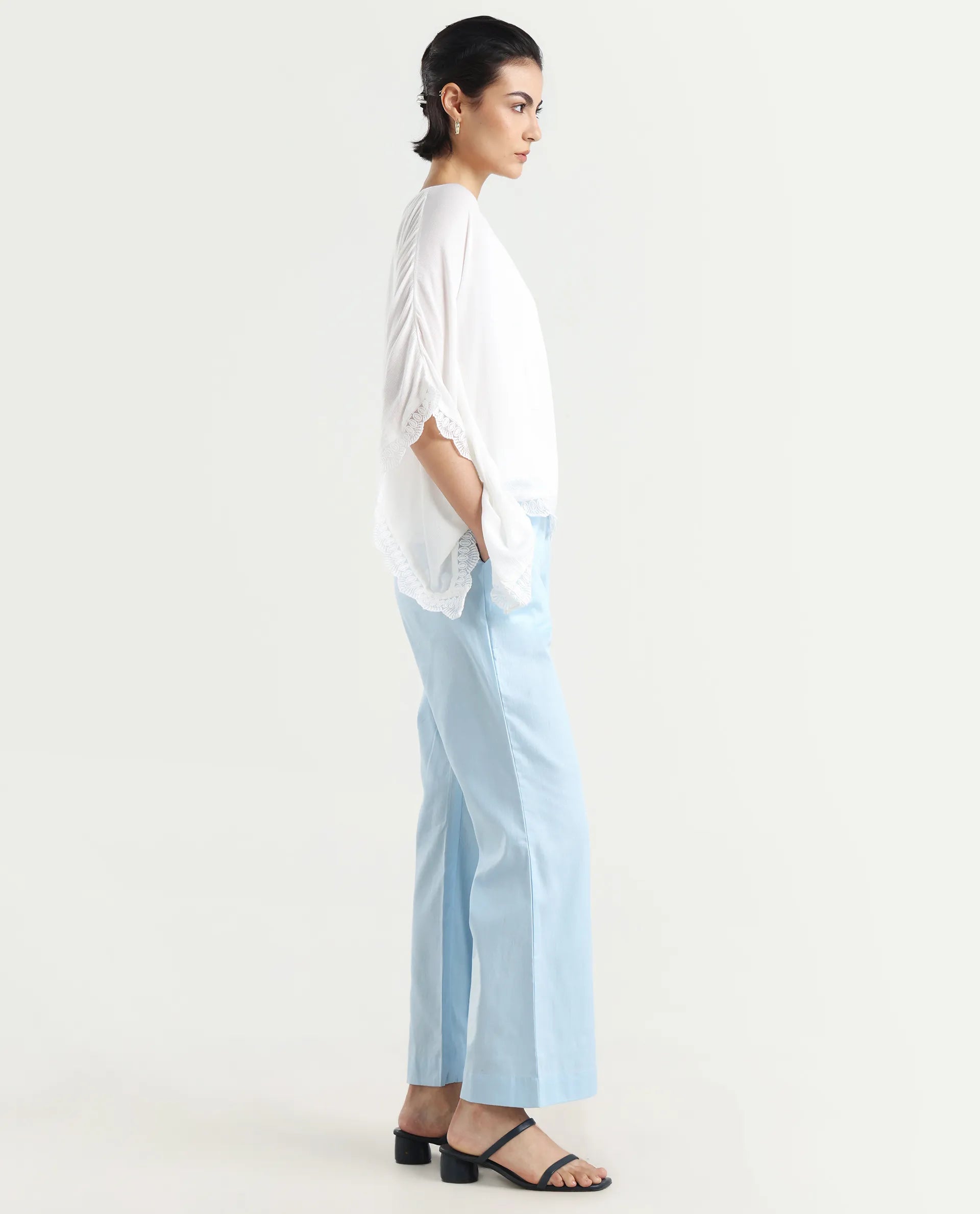 Rareism Women's Trani Light Blue Cotton Blend Plain Ankle Length Wide Leg Trouser