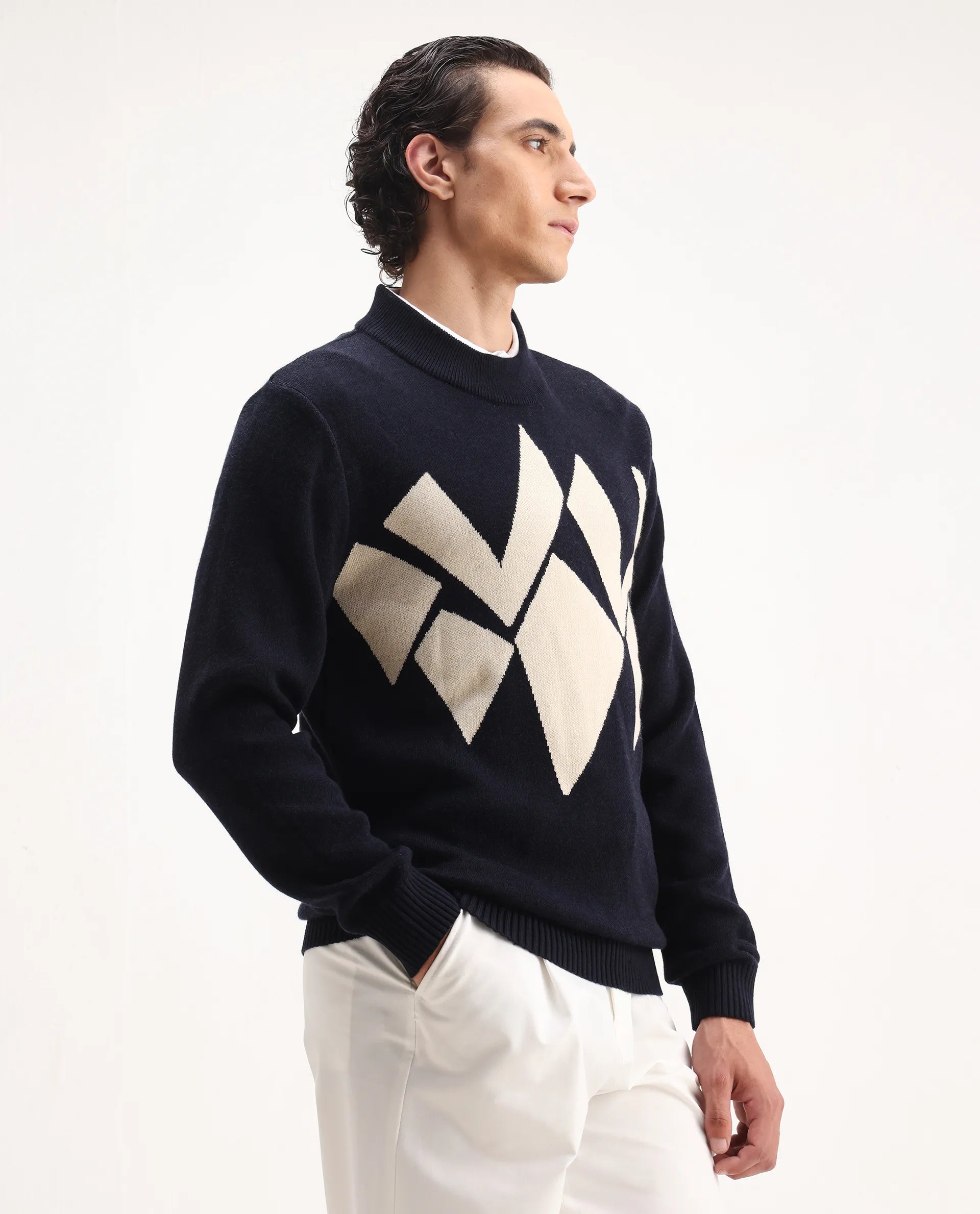 Rare Rabbit Men's Tran Navy Acrylic Abstract Print Regular Fit Full Sleeve Crew Neck Sweater