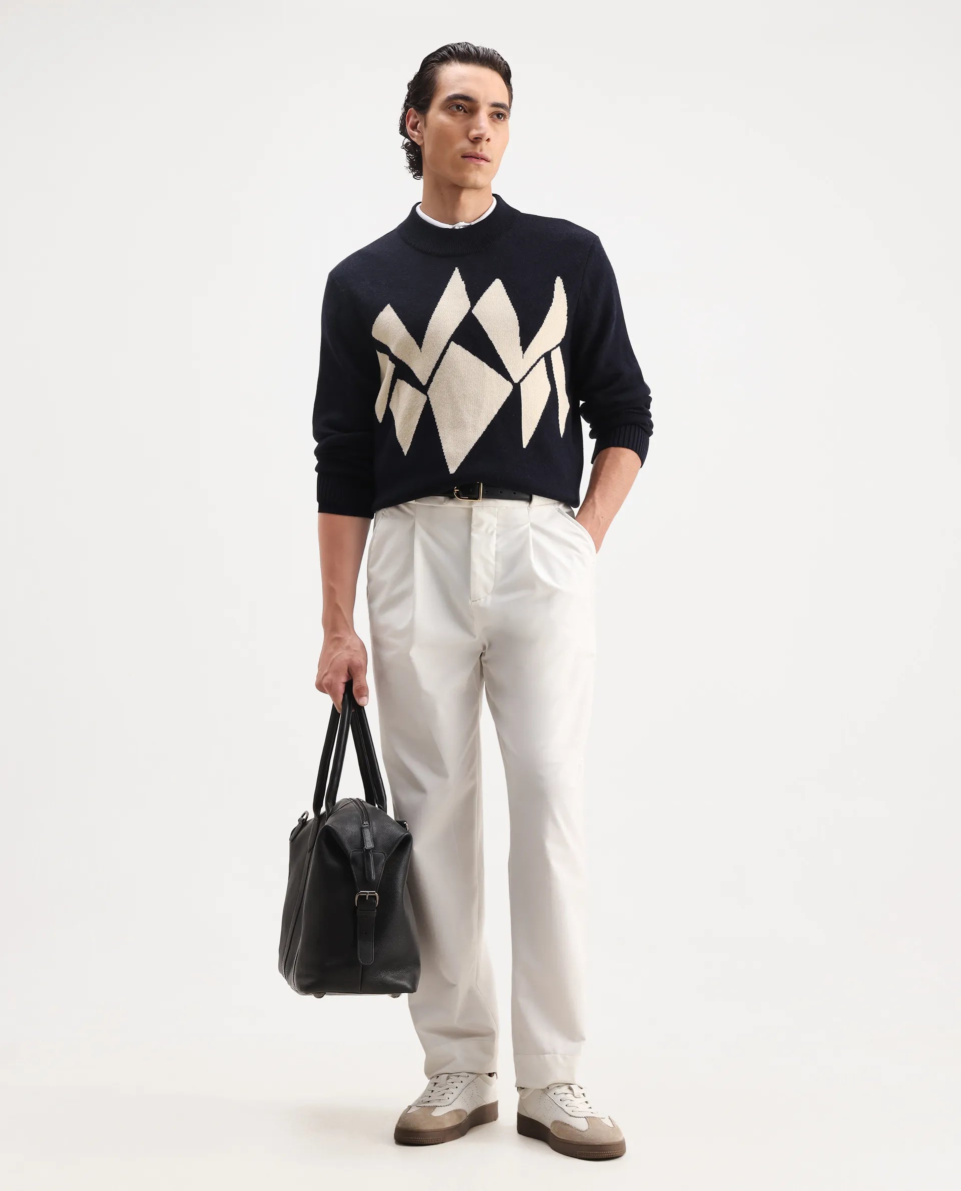 Rare Rabbit Men's Tran Navy Acrylic Abstract Print Regular Fit Full Sleeve Crew Neck Sweater