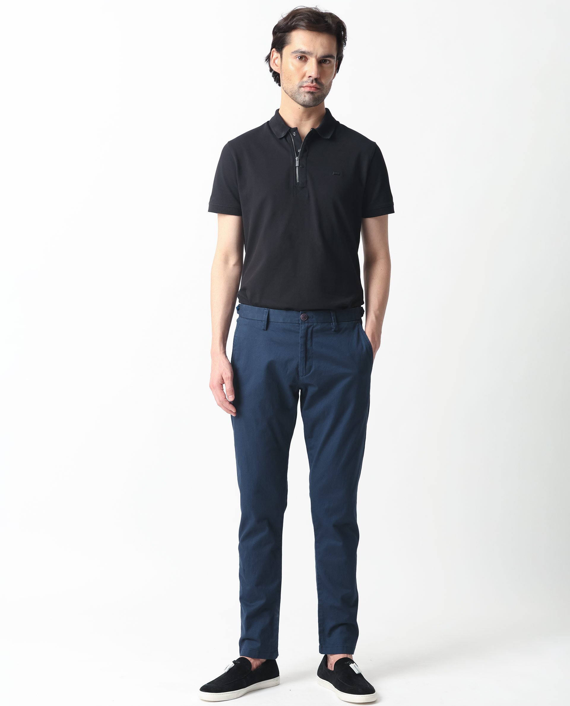 Rare Rabbit Men's Trans Navy Solid Mid-Rise Regular Fit Plain Stretch Trouser