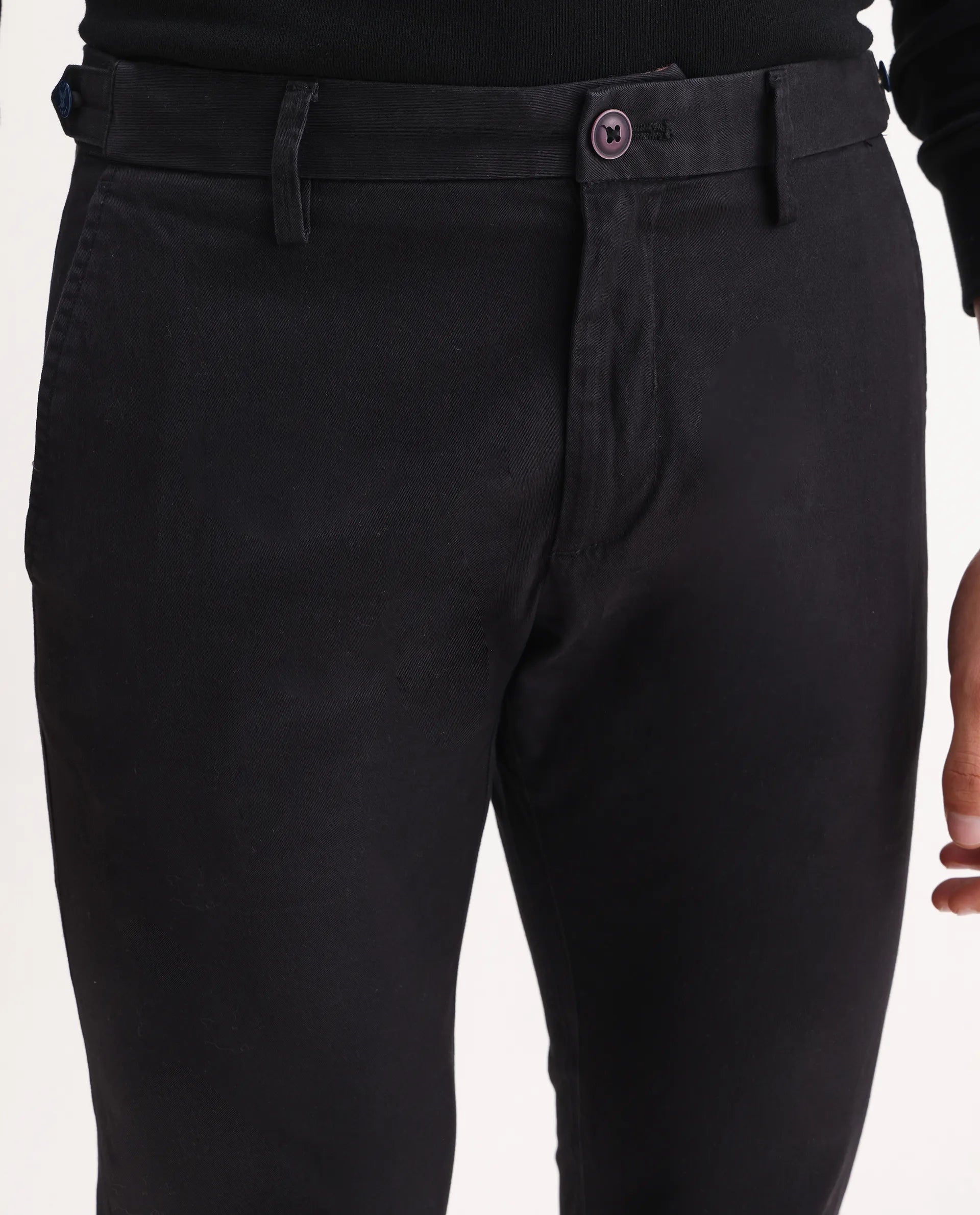 Rare Rabbit Men's Trans Black Cotton Plain Regular Fit Trouser