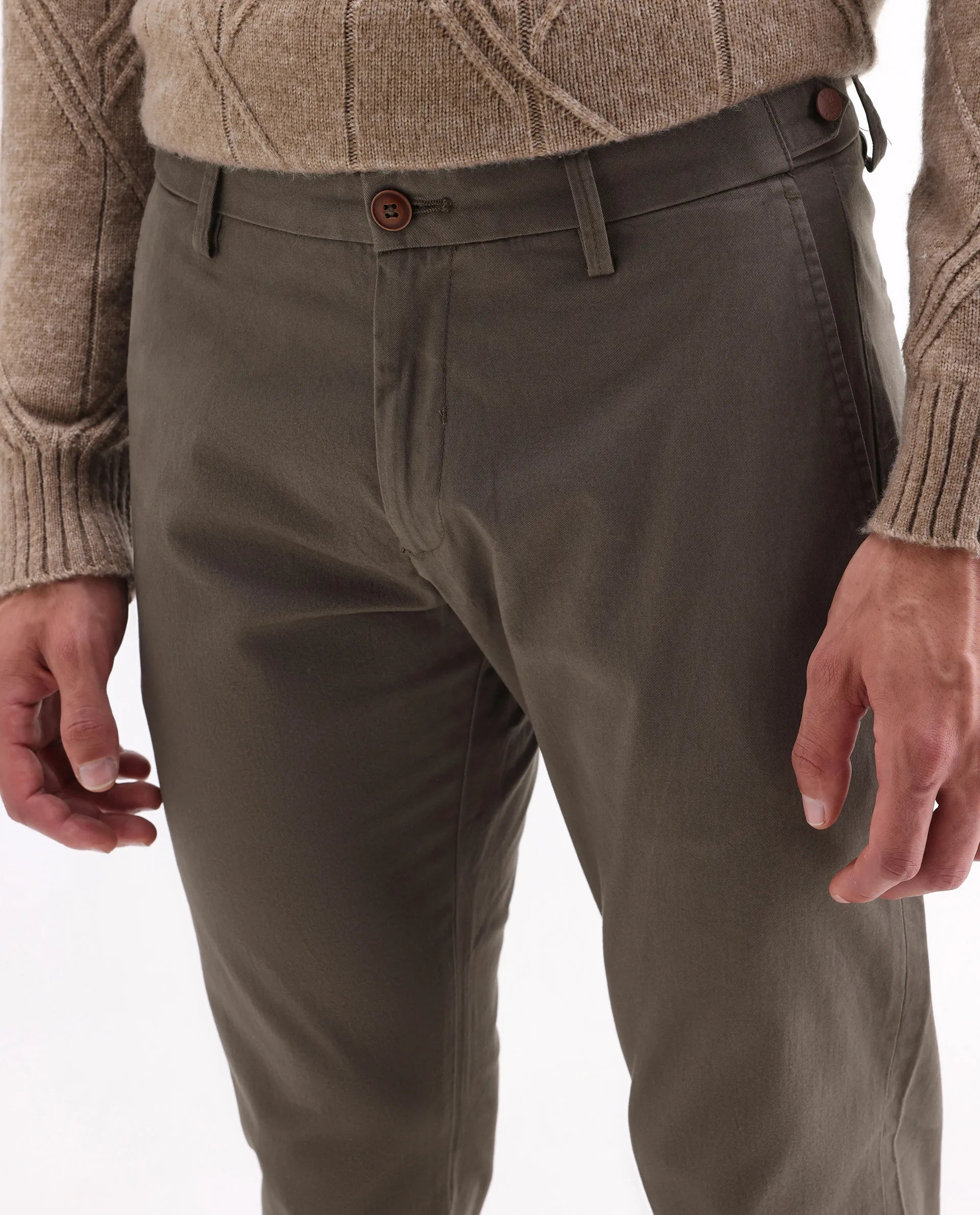 Rare Rabbit Men's Trans Khaki Cotton Plain Regular Fit Trouser