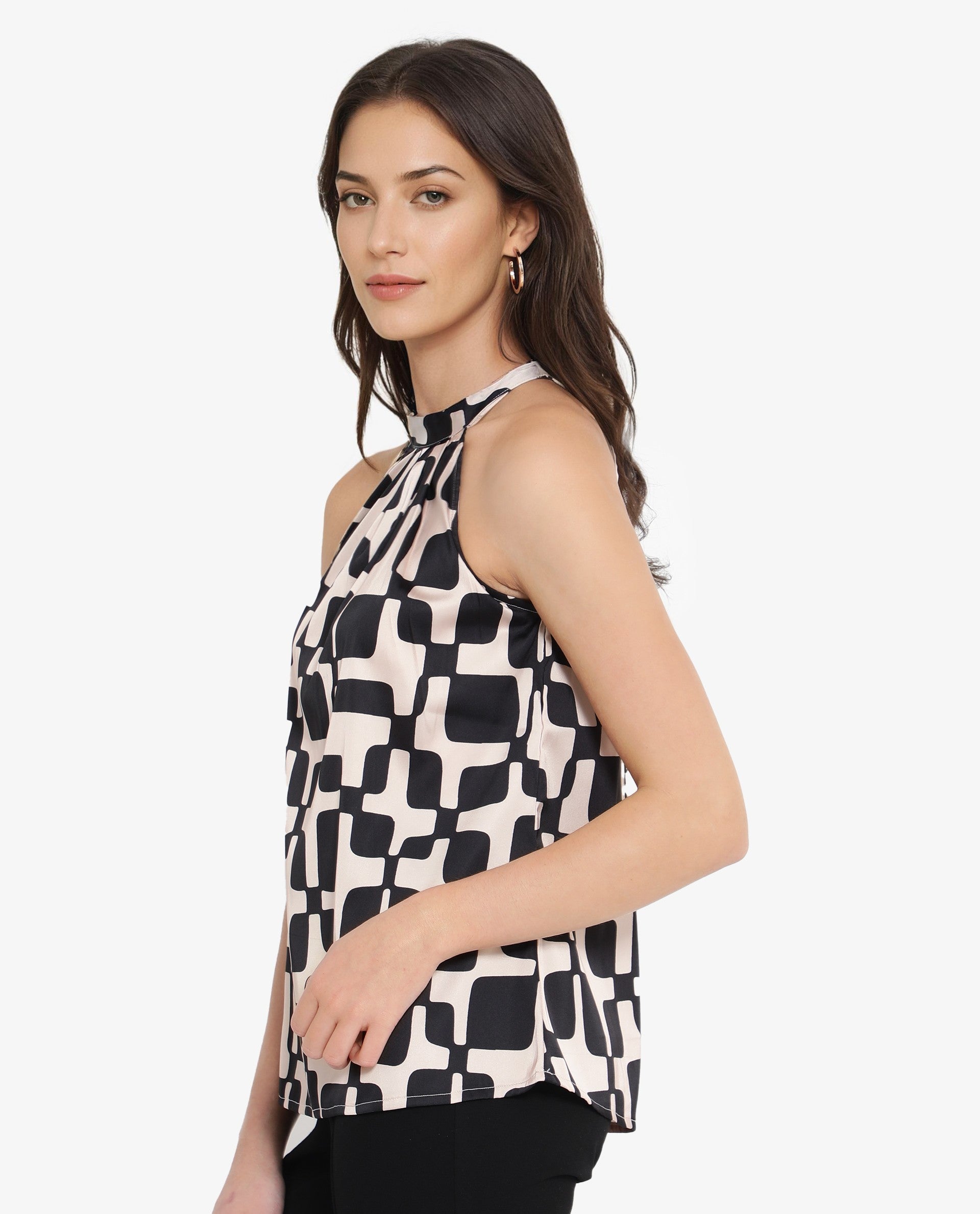 Rareism Women Trapani-SC Black Button Closure Sleeveless Halter Neck Geometric Print Top