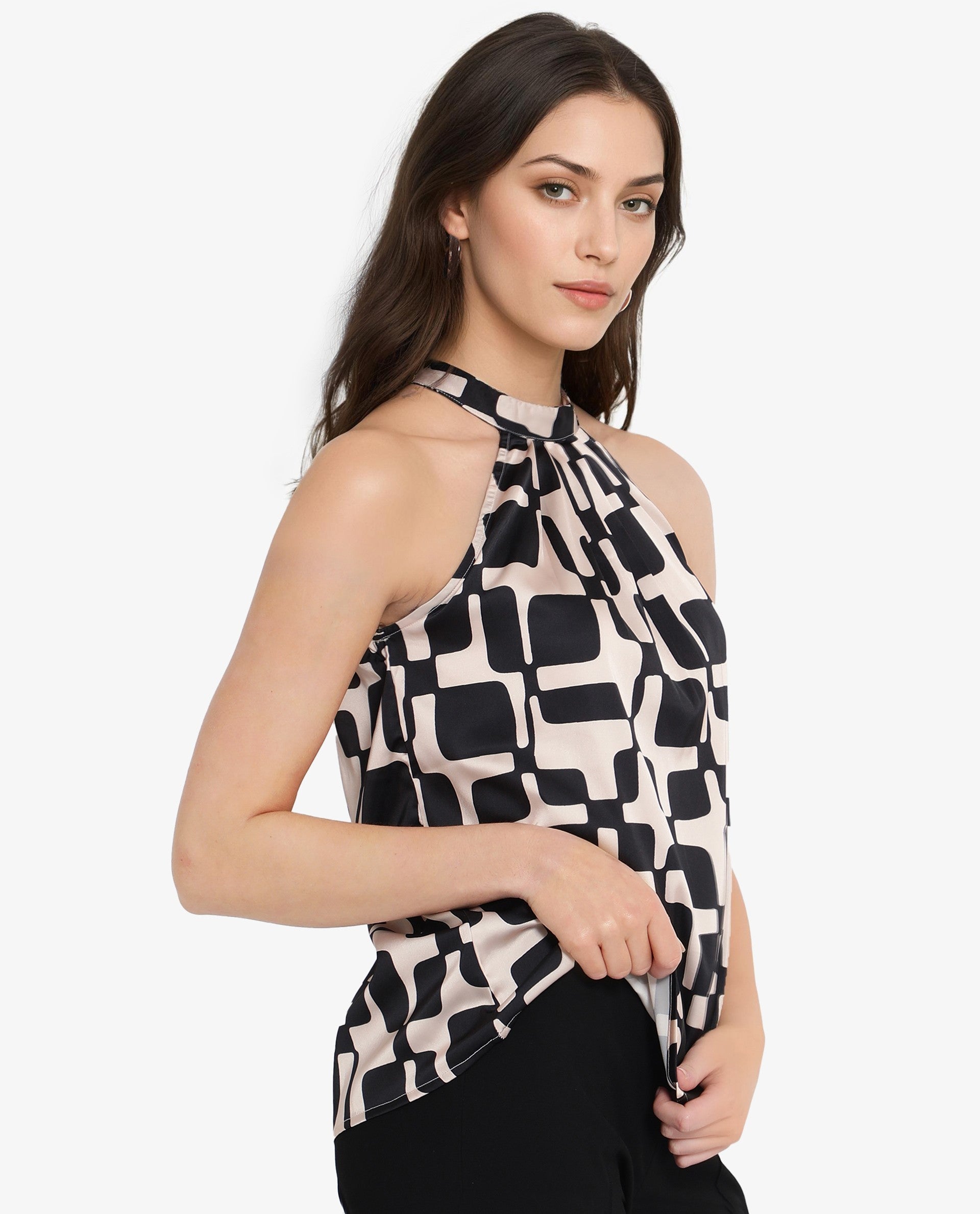 Rareism Women Trapani-SC Black Button Closure Sleeveless Halter Neck Geometric Print Top