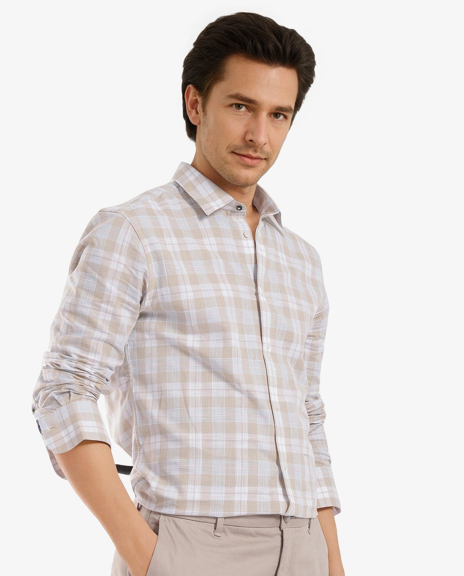 Rare Rabbit Men's Tratin Dusky Beige Cotton Fabric Full Sleeve Regular Fit Checks Shirt