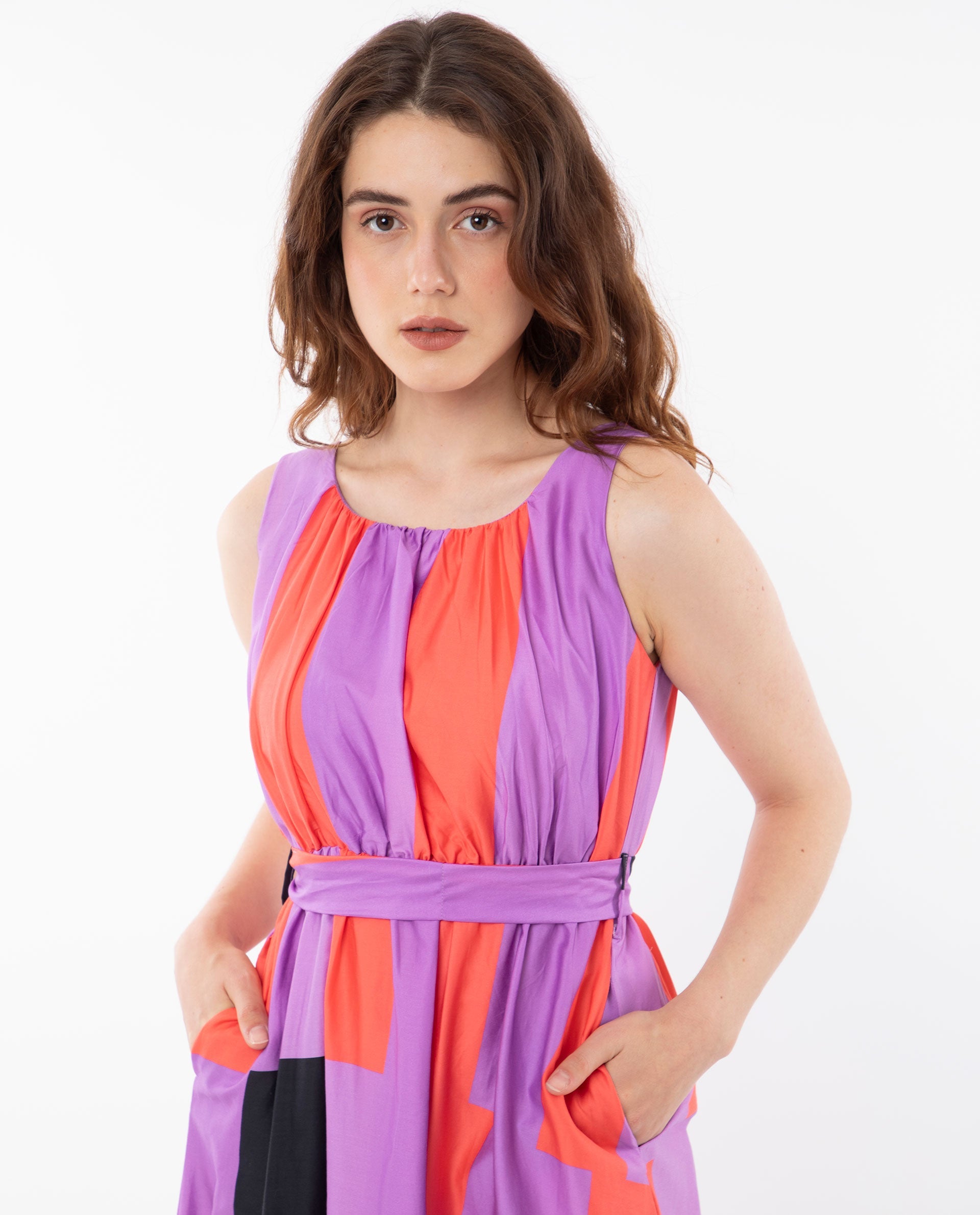 Rareism Women Traut Purple Cotton Fabric Round Neck Sleeveless Regular Fit Striped Knee Length Empire Dress